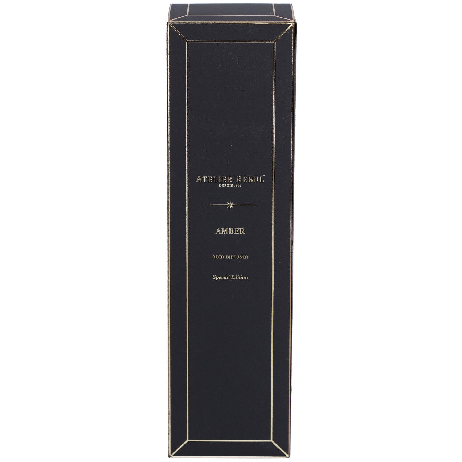 Schwarze Box mit goldener Umrandung für einen Reed Diffuser. Beschriftung: ATELIER REBUL, AMBER, REED DIFFUSER, Special Edition.