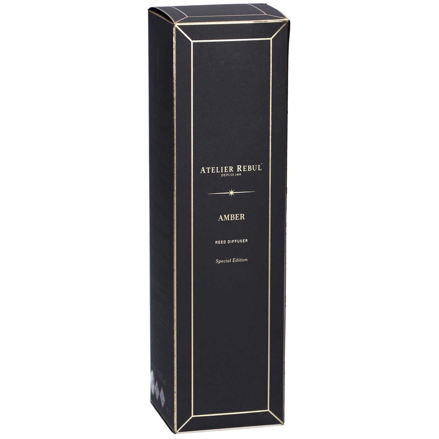 Schwarze Box für Reed Diffuser mit goldener Schrift 'ATELIER REBUL AMBER Special Edition'.
