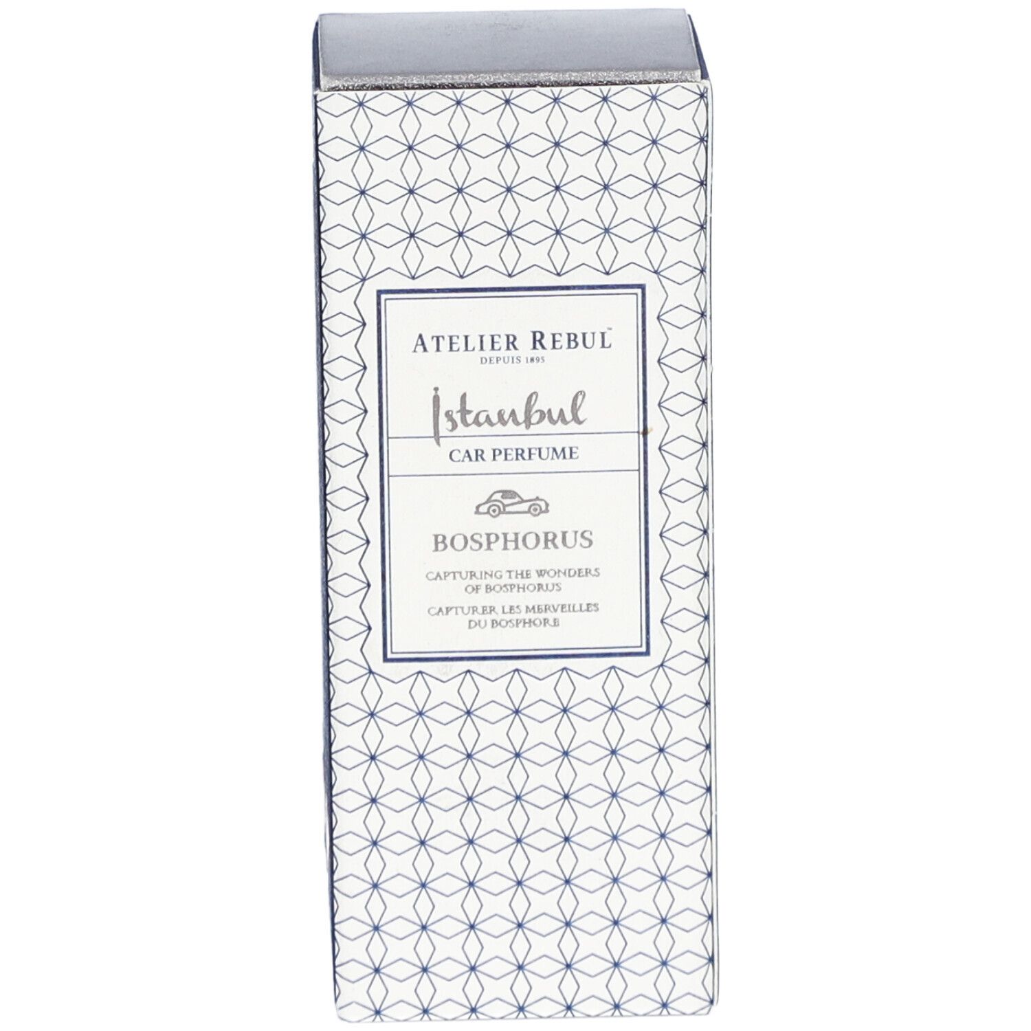 Atelier Rebul Istanbul Bosphorus Parfum Voiture. Schachtel mit Logo und Produktnamen. Blau-weißes Muster.