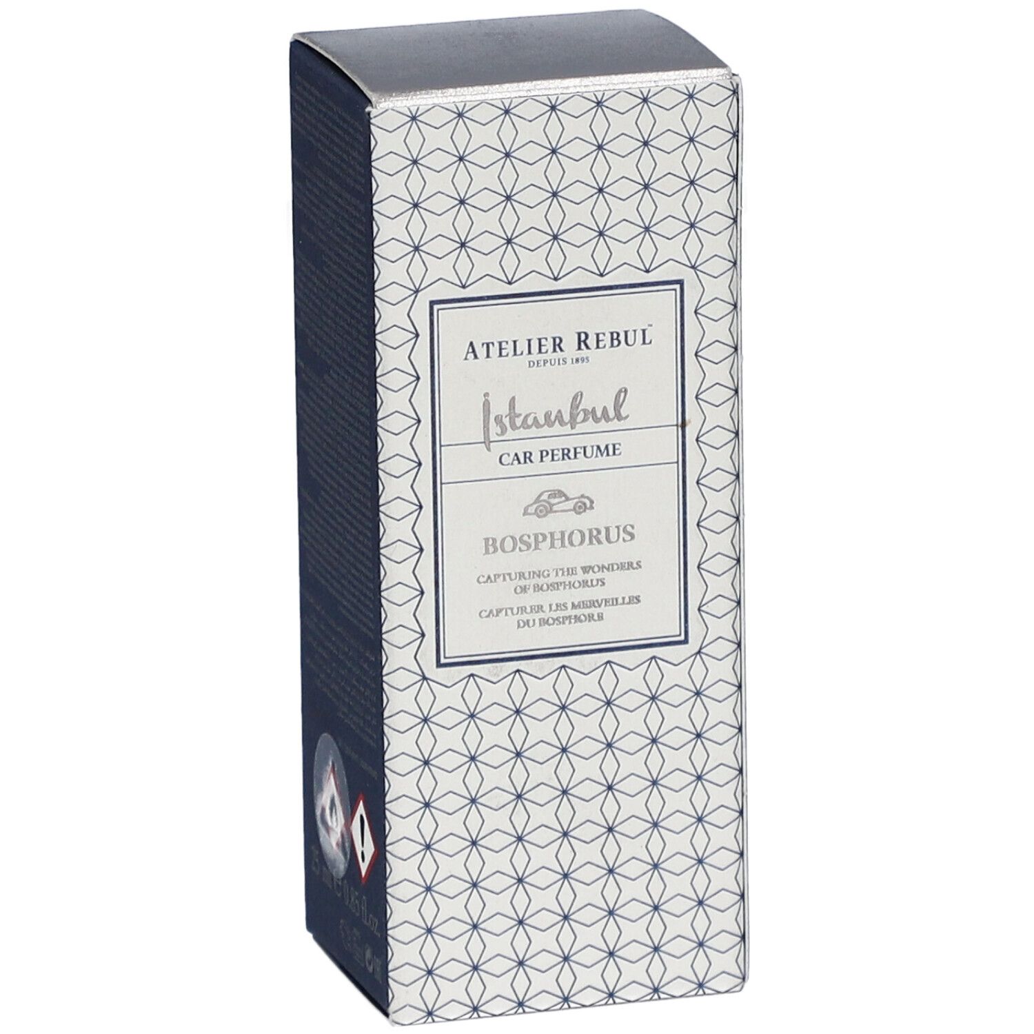 Atelier Rebul Istanbul Bosphorus Parfum Voiture. Schachtel mit Logo und Produktnamen. Blau-weißes Muster.
