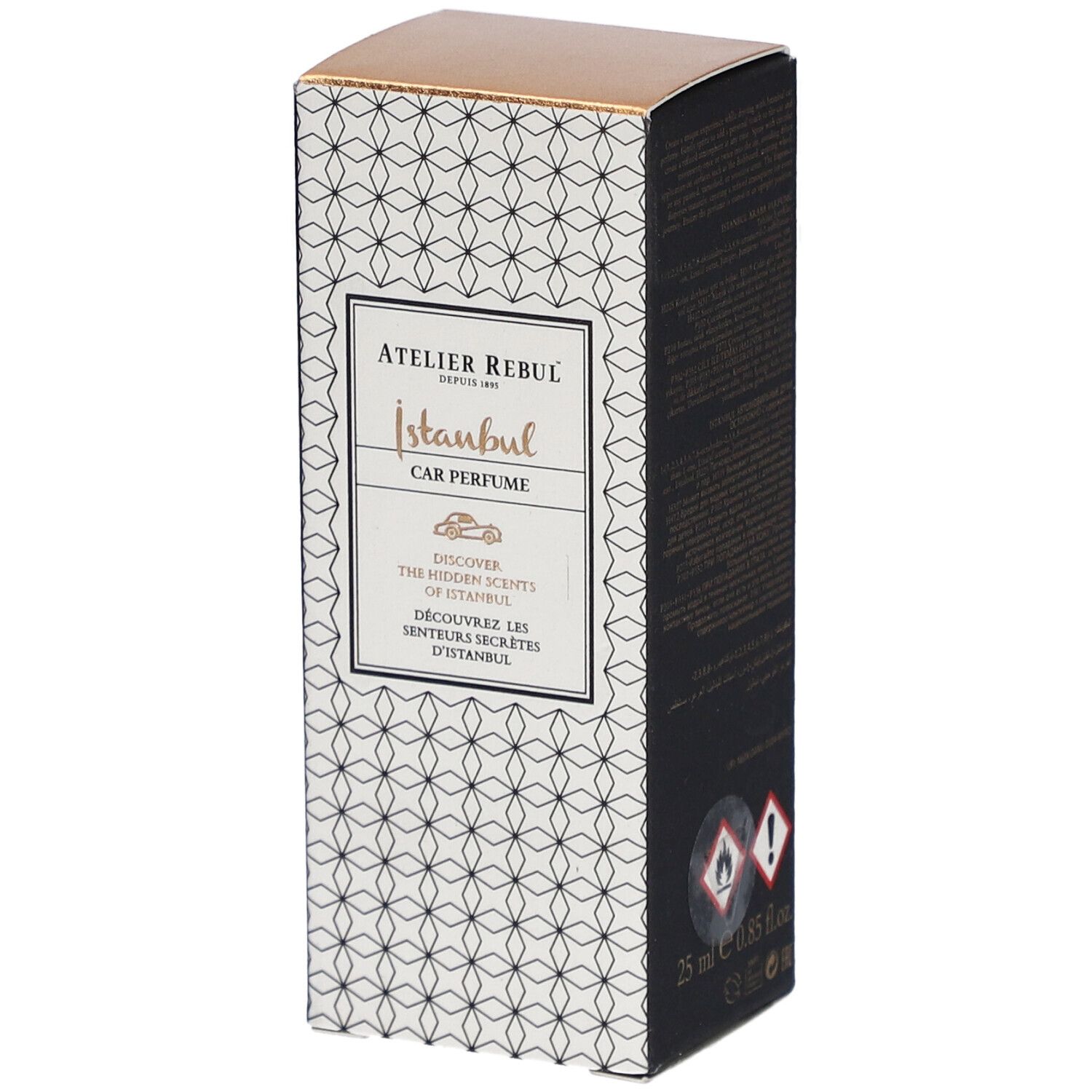Rechteckige Schachtel mit weißem Muster und goldfarbenem Deckel.  "Atelier Rebul Istanbul Car Perfume" ist auf der Vorderseite.