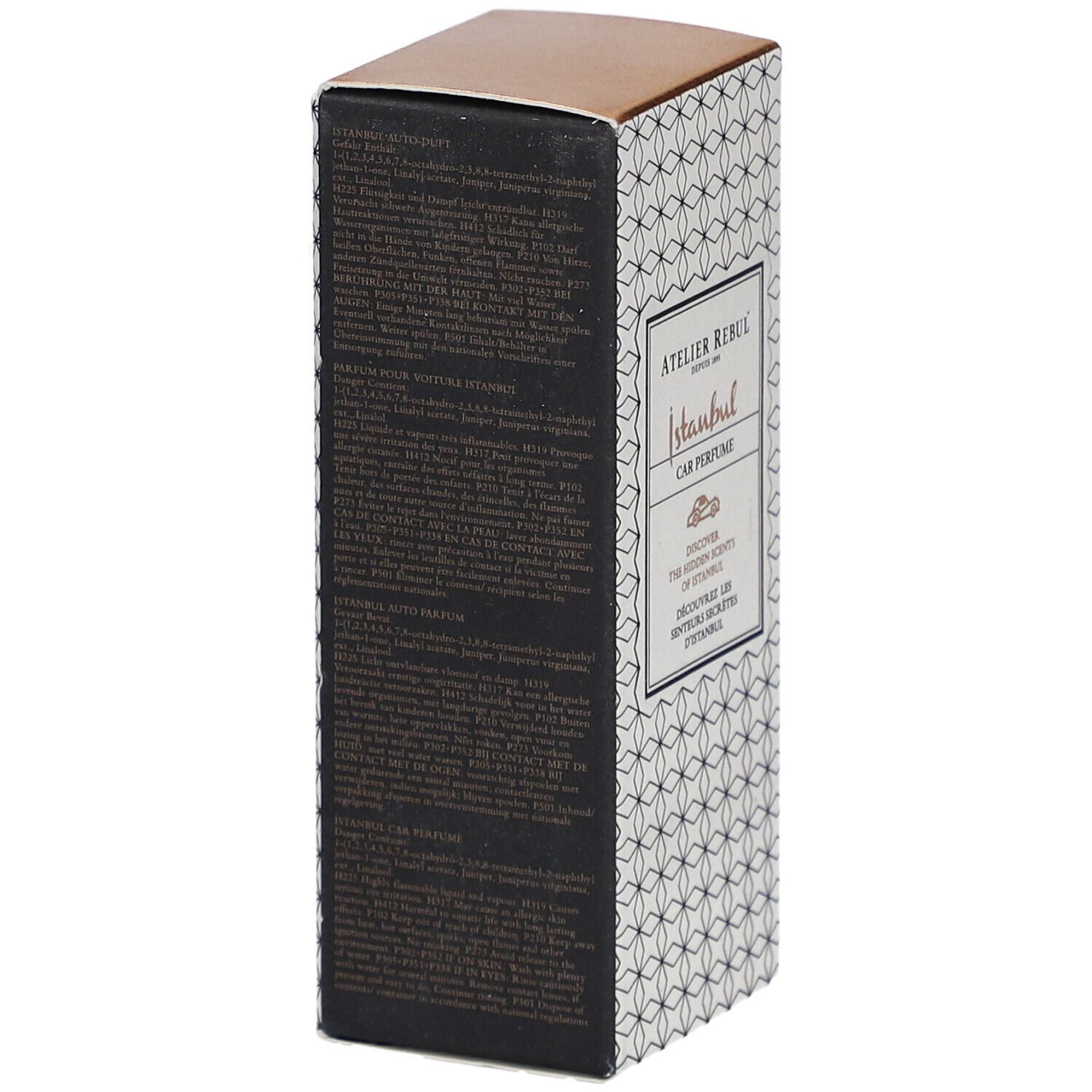 Schachtel mit Text.  "Atelier Rebul Istanbul Car Perfume" ist auf der Vorderseite.