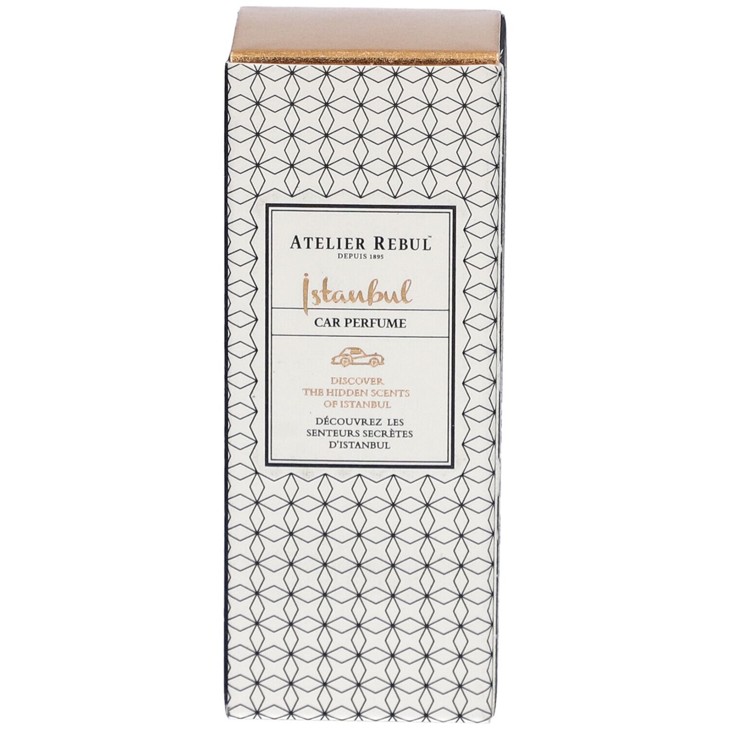 Rechteckige Schachtel mit weißem Muster und goldfarbenem Deckel.  "Atelier Rebul Istanbul Car Perfume" ist auf der Vorderseite.