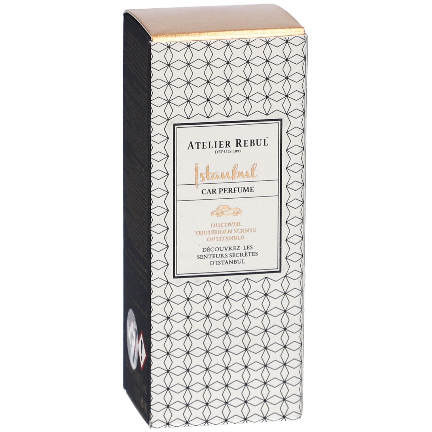 Rechteckige Schachtel mit weißem Muster und goldfarbenem Deckel.  "Atelier Rebul Istanbul Car Perfume" ist auf der Vorderseite.