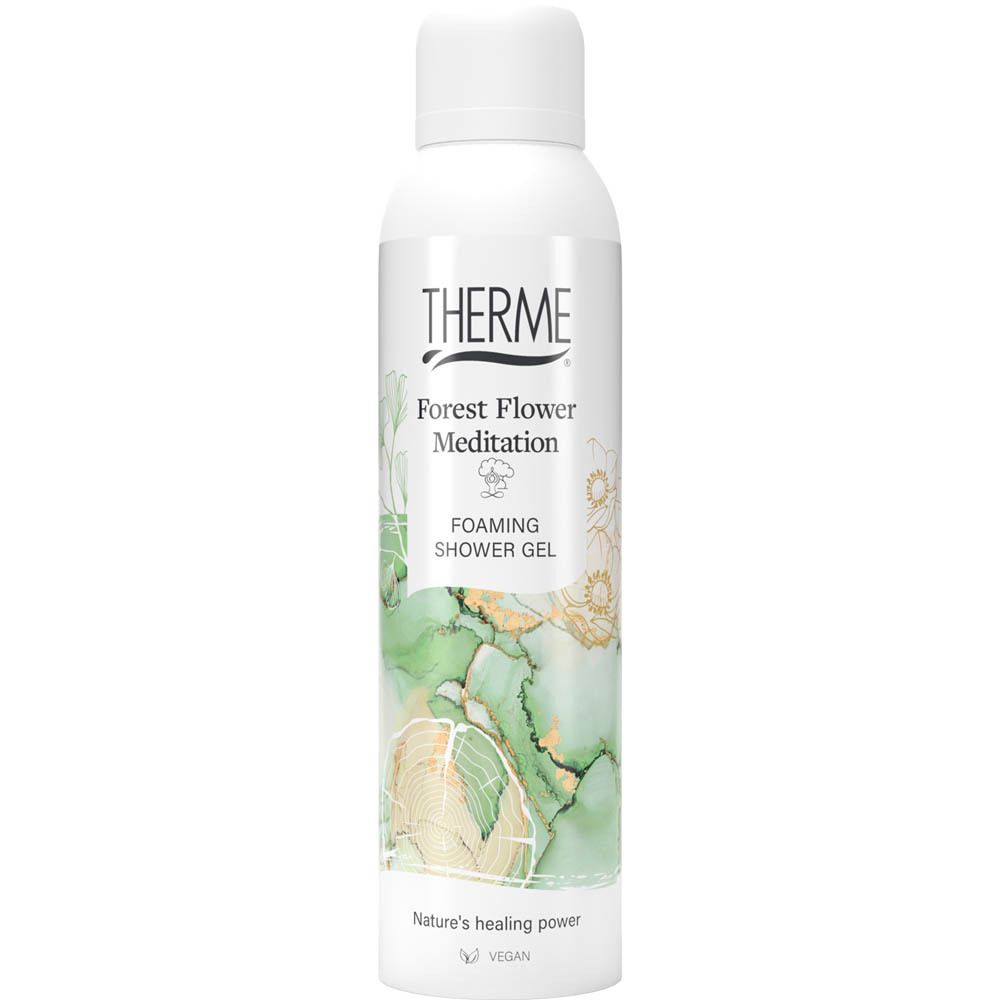 Gel douche Therme Forest Flower Meditation. Flacon blanc avec bouchon pulvérisateur. Design vert et or. Vegan.