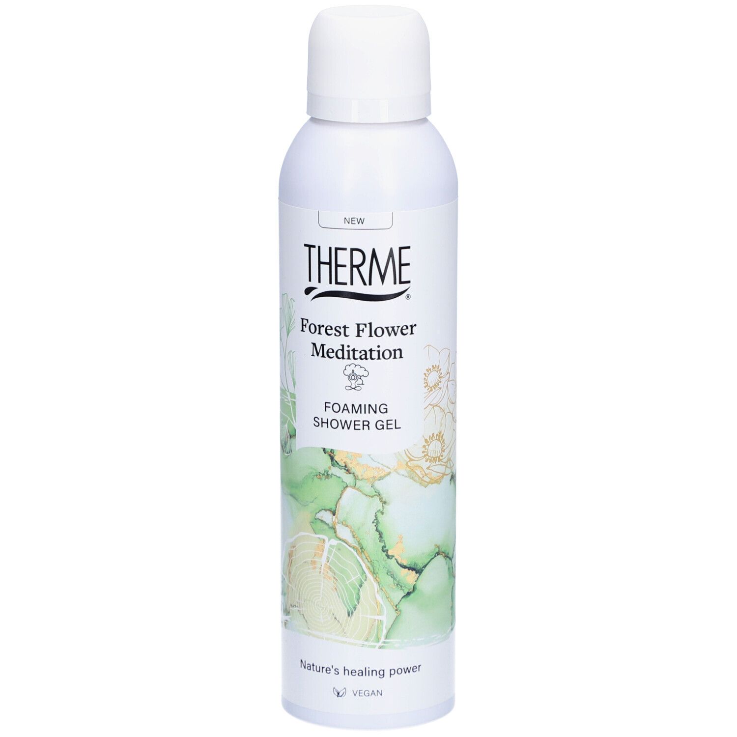 Gel douche Therme Forest Flower Meditation. Flacon blanc avec bouchon pulvérisateur. Design vert et or. Vegan.