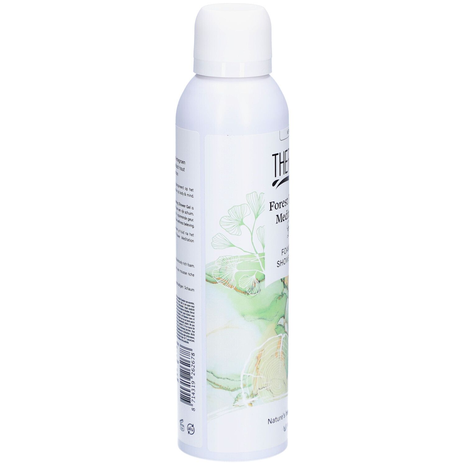 Gel douche Therme Forest Flower Meditation. Flacon blanc, vue latérale. Design vert et or. Texte.