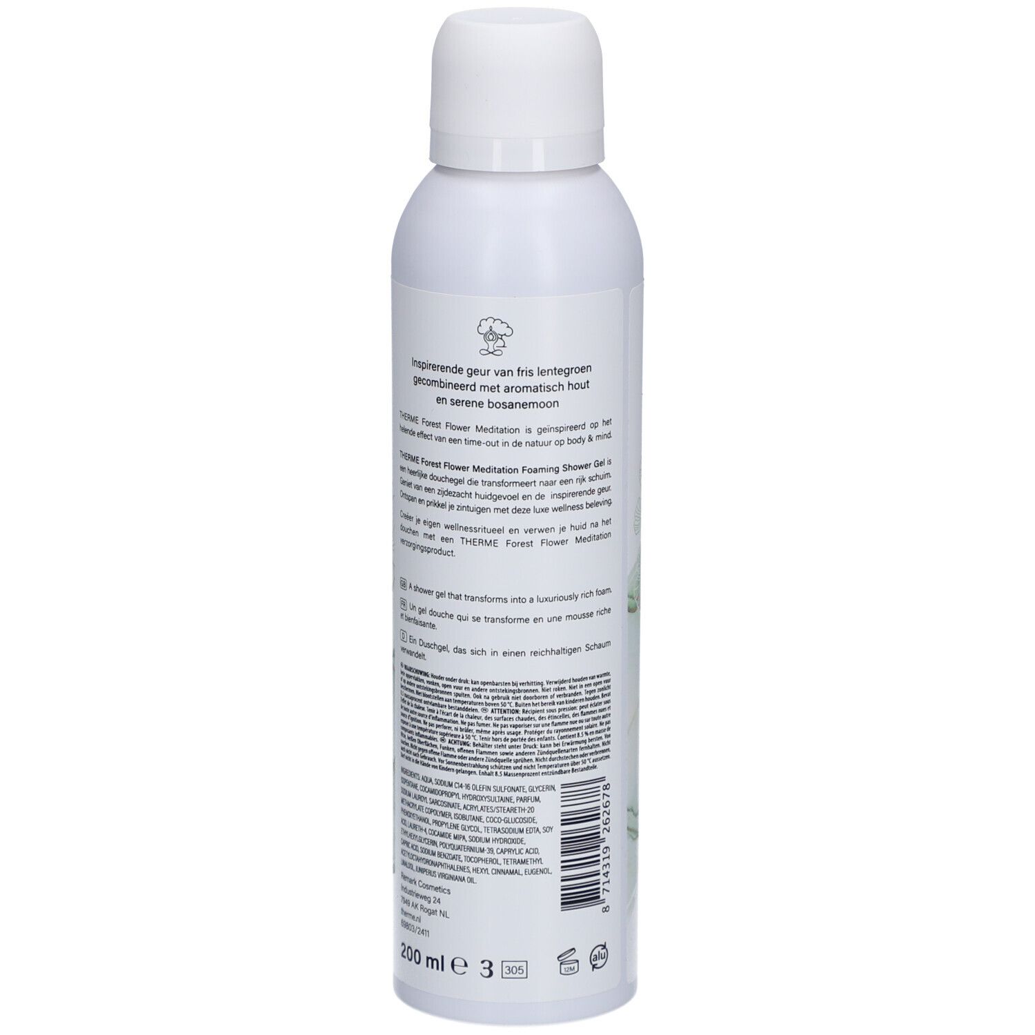 Gel douche Therme Forest Flower Meditation. Flacon blanc, dos. Design vert et or. Texte.