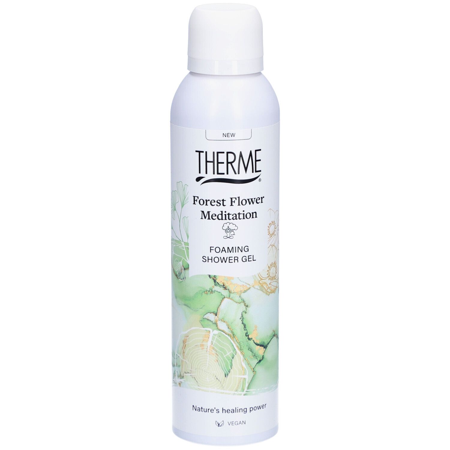 Gel douche Therme Forest Flower Meditation. Flacon blanc avec bouchon pulvérisateur. Design vert et or. Vegan.
