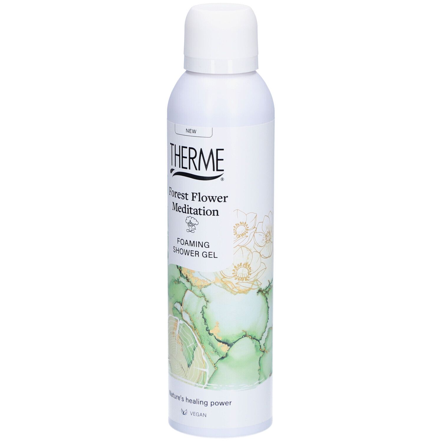 Gel douche Therme Forest Flower Meditation. Flacon blanc avec bouchon pulvérisateur. Design vert et or. Vegan.