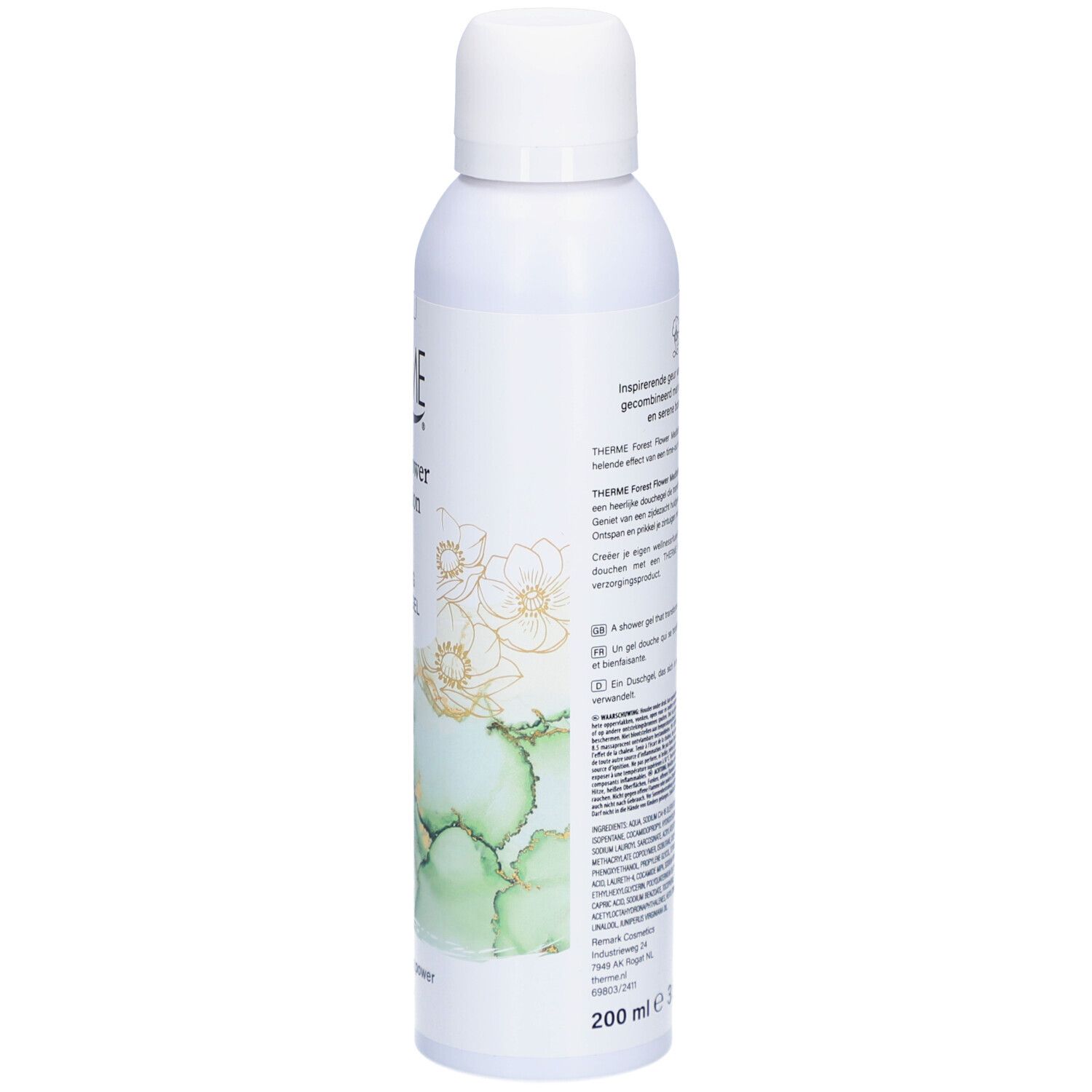 Gel douche Therme Forest Flower Meditation. Flacon blanc, dos. Design vert et or. Texte.