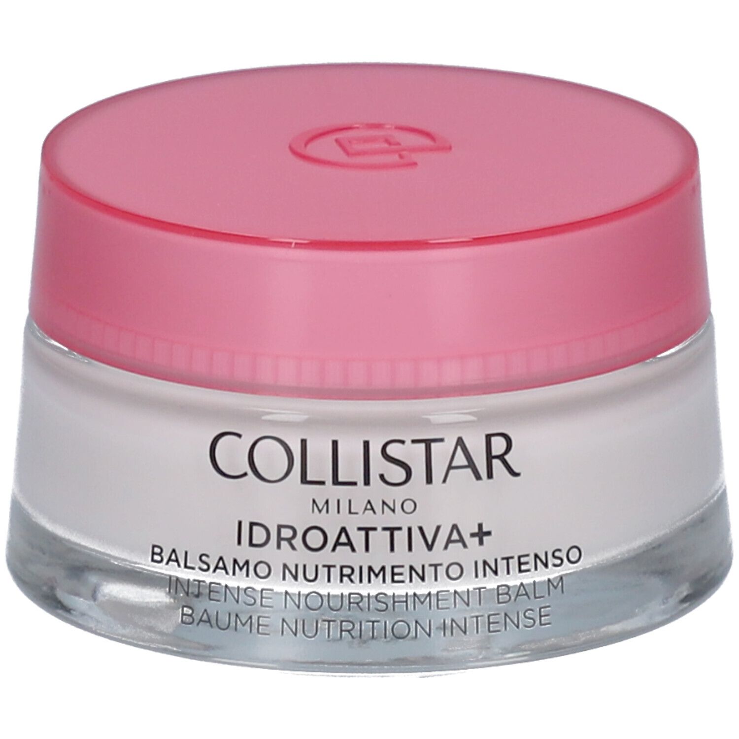Cremebehälter mit rosa Deckel. Aufschrift: Collistar, Idroattiva+, Balsamo Nutrimento Intenso.