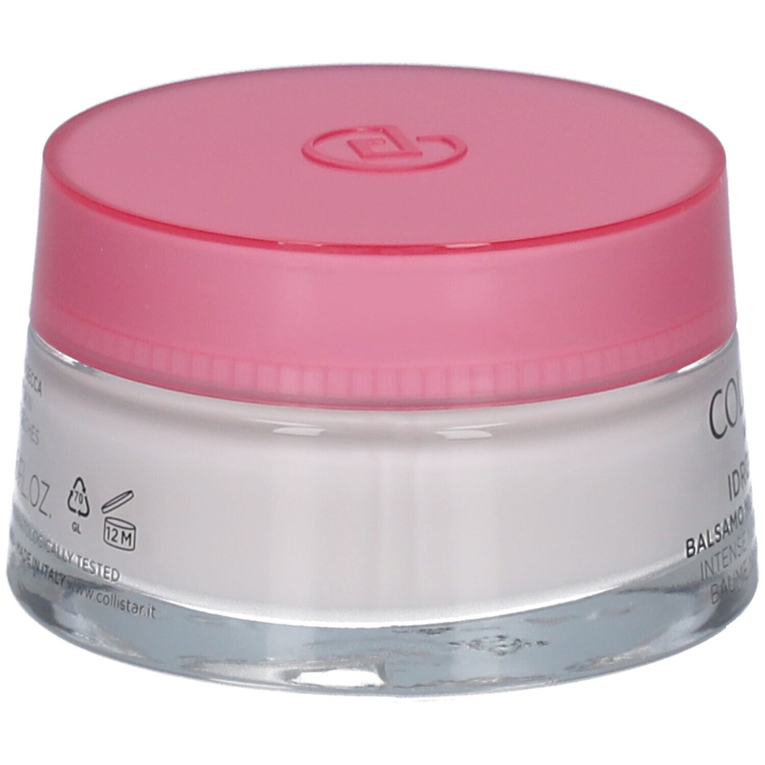 Cremebehälter mit rosa Deckel. Aufschrift: Collistar, Idroattiva+, Balsamo Nutrimento Intenso.