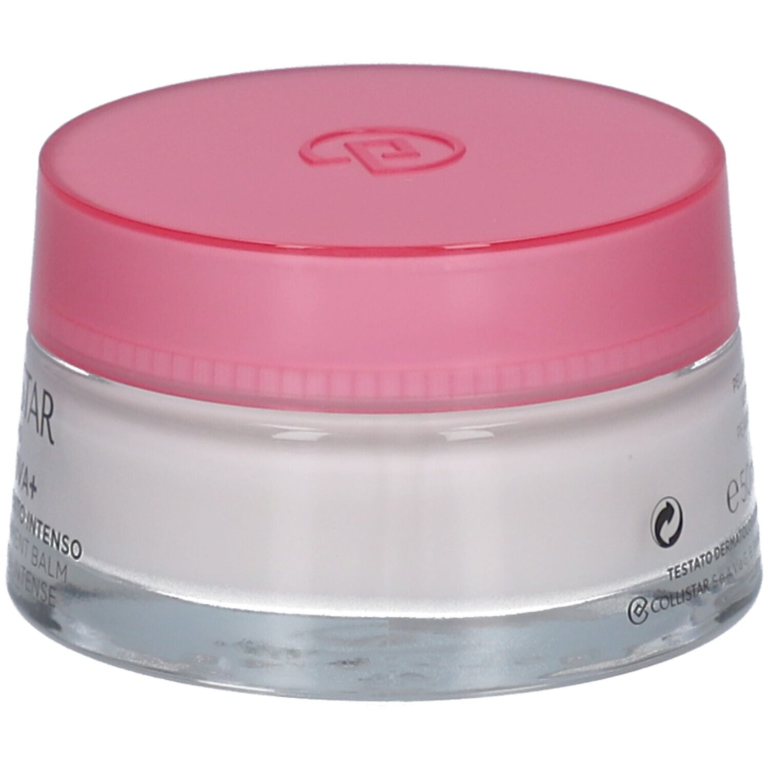Cremebehälter mit rosa Deckel. Aufschrift: Collistar, Idroattiva+, Balsamo Nutrimento Intenso.