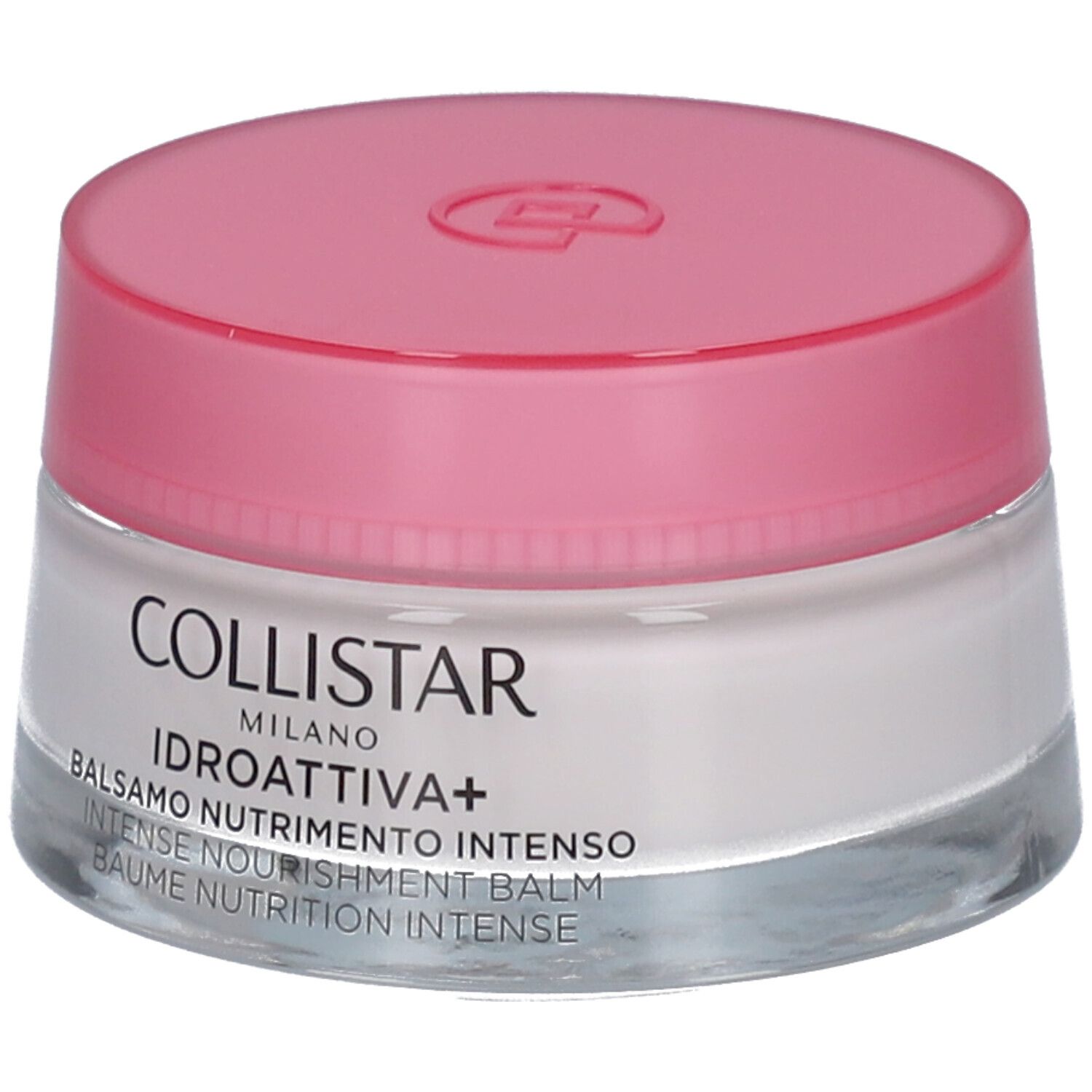 Cremebehälter mit rosa Deckel. Aufschrift: Collistar, Idroattiva+, Balsamo Nutrimento Intenso.