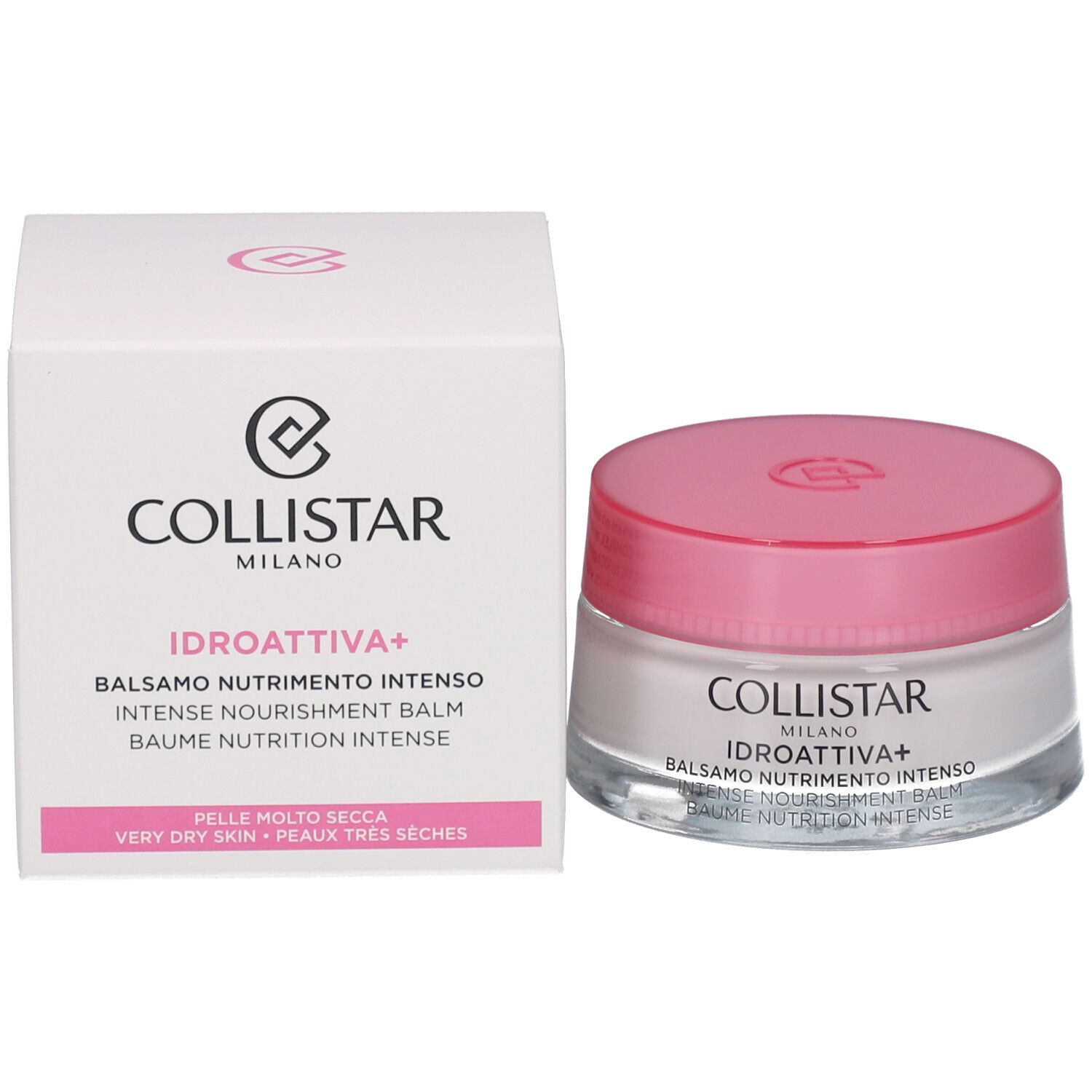 Cremebehälter und Verpackung. Aufschrift: Collistar, Idroattiva+, Balsamo Nutrimento Intenso. Für sehr trockene Haut.