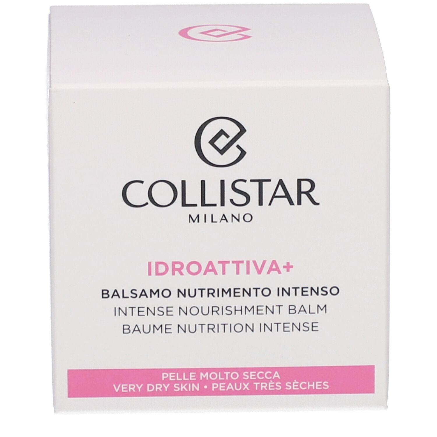Verpackung. Aufschrift: Collistar, Idroattiva+, Balsamo Nutrimento Intenso. Für sehr trockene Haut.