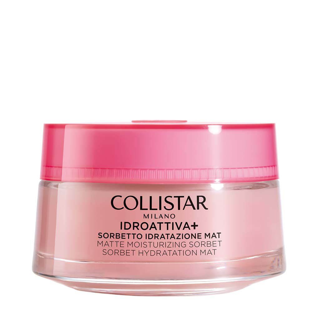 Pot rond avec couvercle rose. Inscription : COLLISTAR MILANO, IDROATTIVA+ Sorbetto Idratatione Mat.
