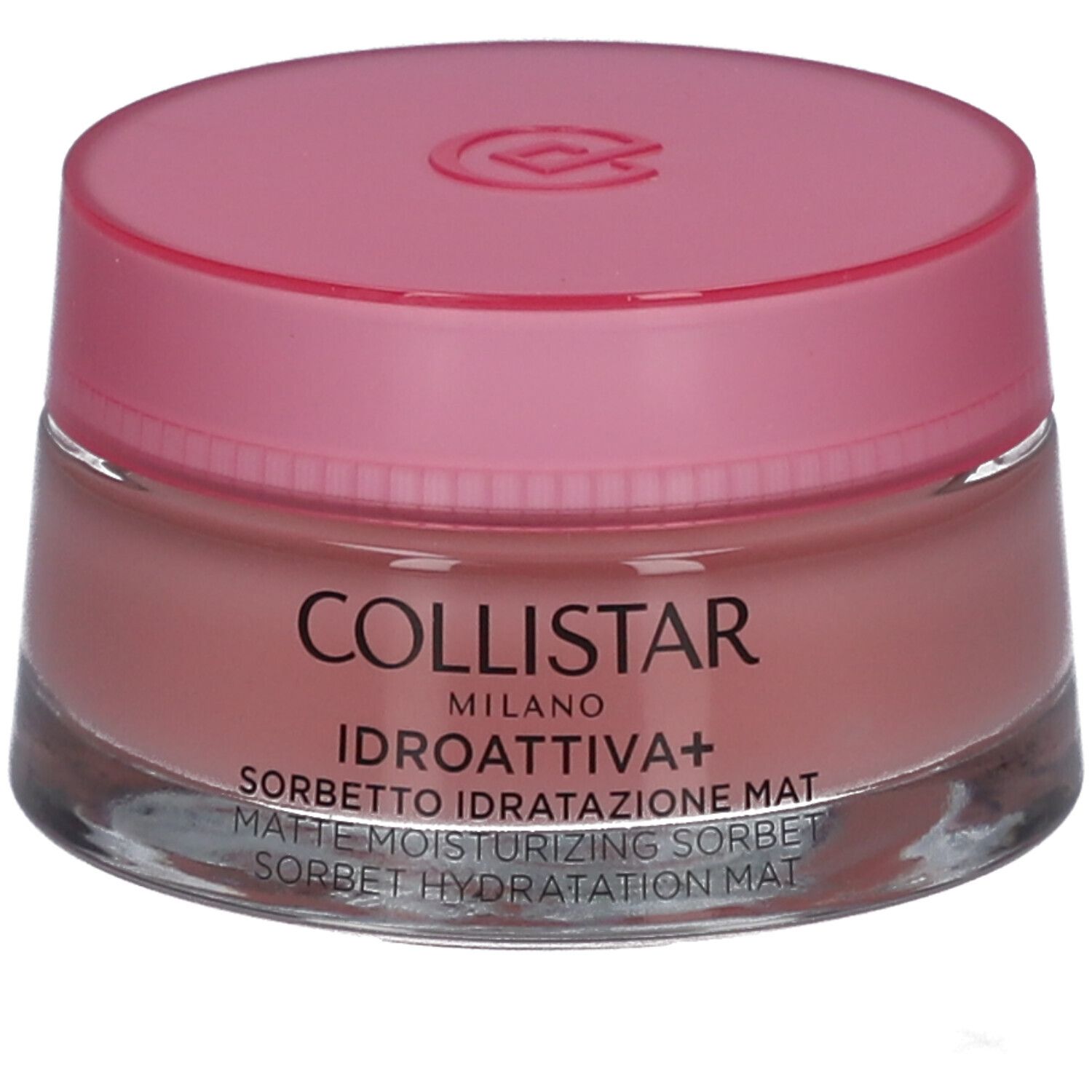 Runder Tiegel mit rosa Deckel. Aufschrift: COLLISTAR MILANO, IDROATTIVA+ Sorbetto Idratatione Mat.