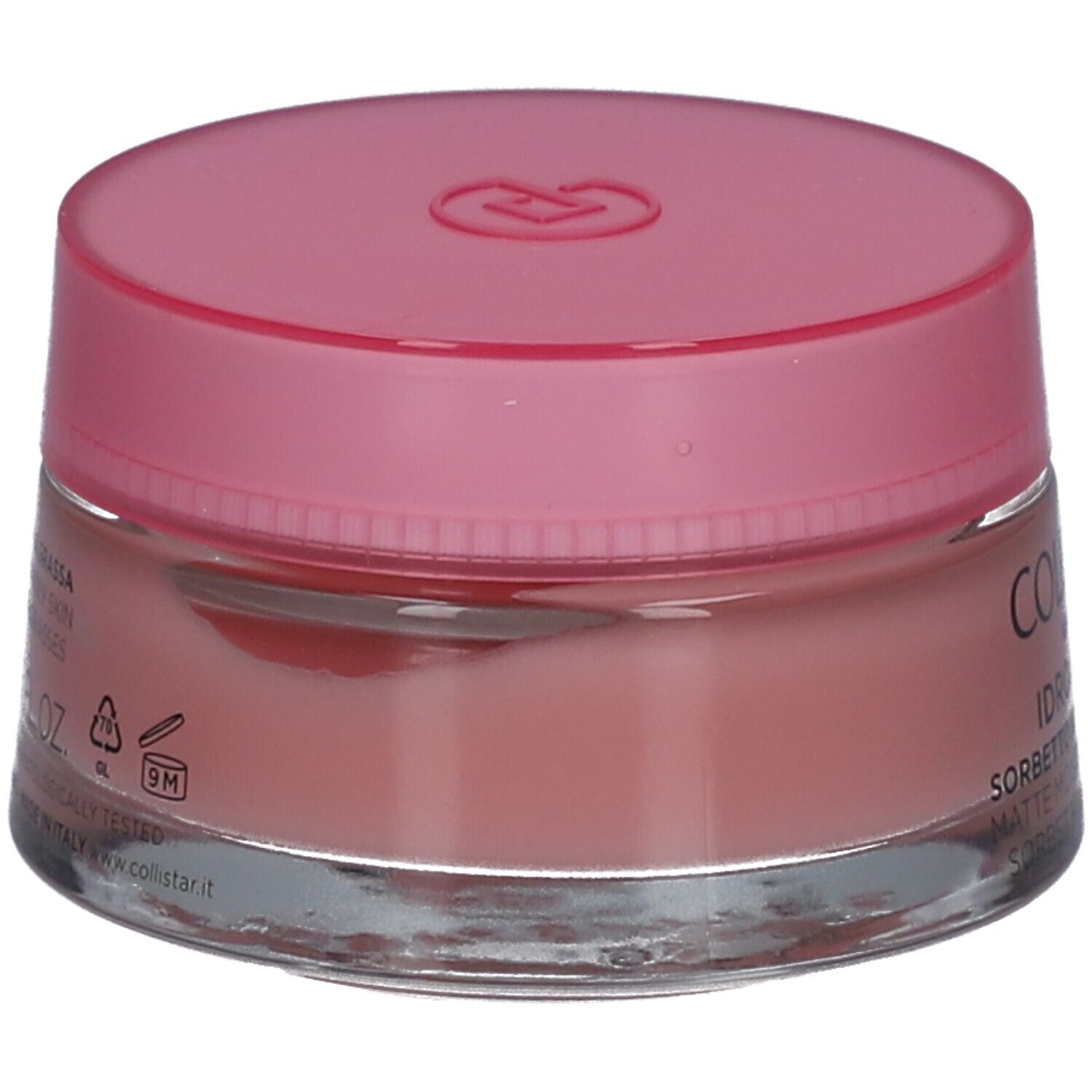 Runder Tiegel mit rosa Deckel. Aufschrift: COLLISTAR MILANO, IDROATTIVA+ Sorbetto Idratatione Mat.