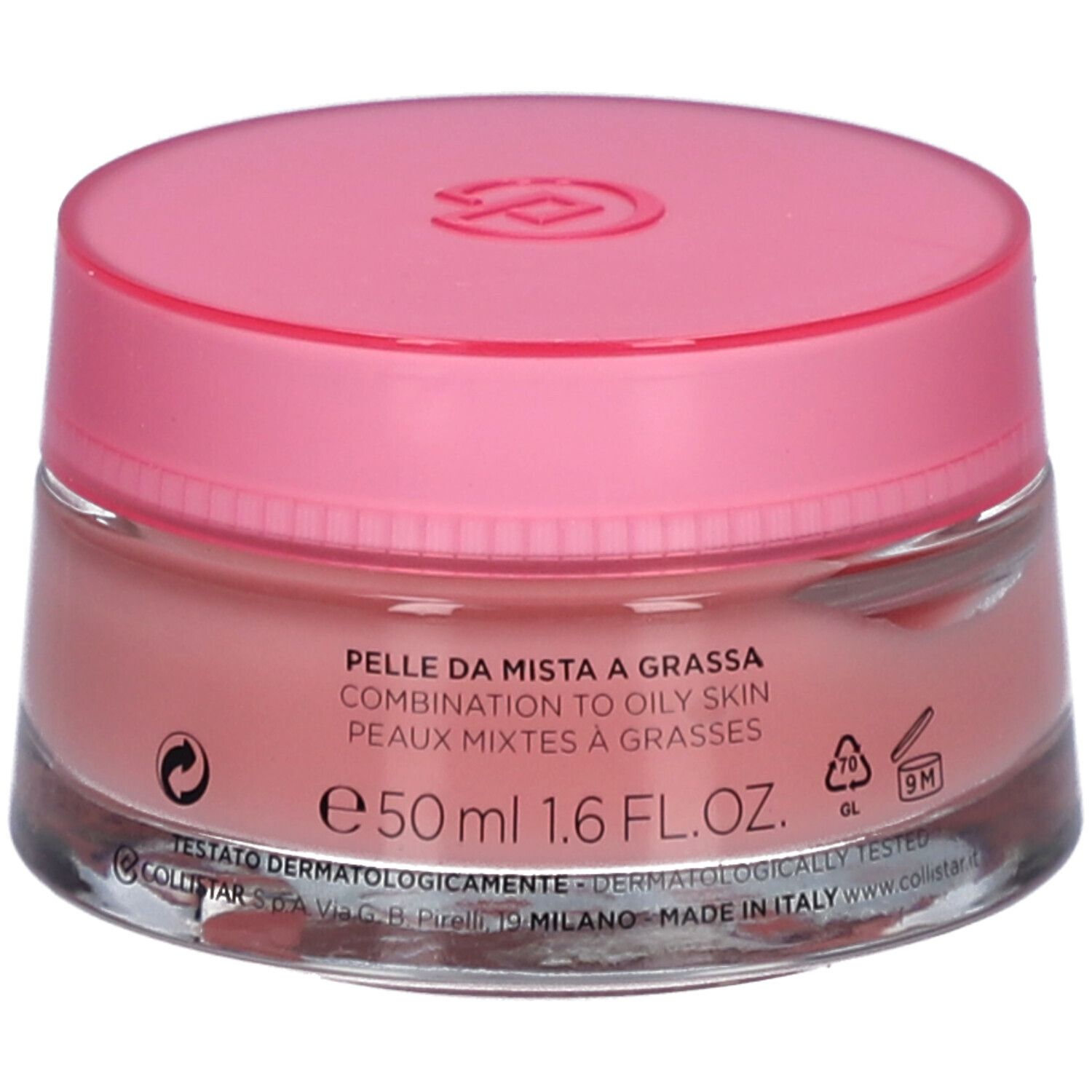 Runder Tiegel mit rosa Deckel. Aufschrift: COLLISTAR MILANO, IDROATTIVA+ Sorbetto Idratatione Mat.