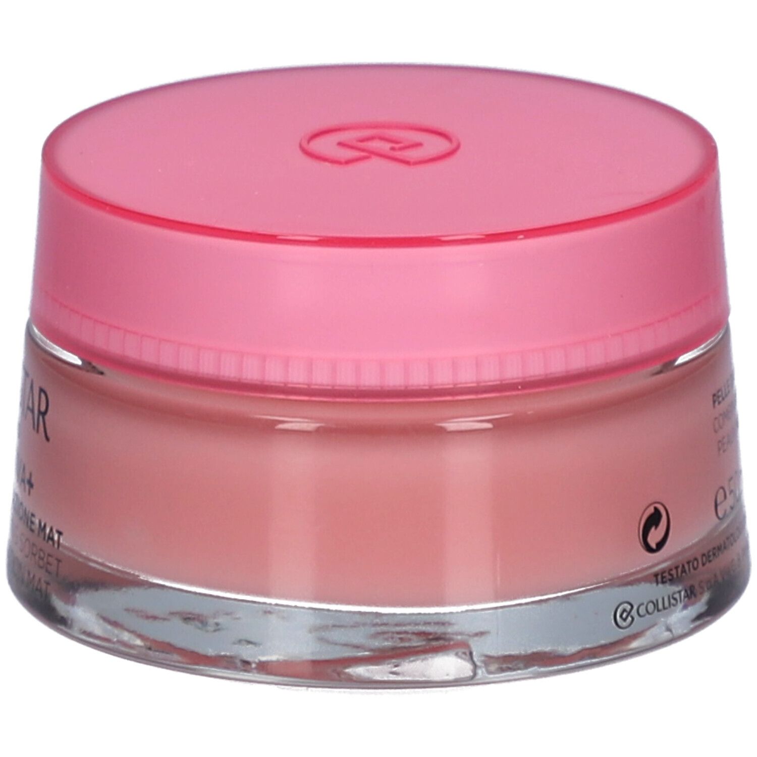 Runder Tiegel mit rosa Deckel. Aufschrift: COLLISTAR MILANO, IDROATTIVA+ Sorbetto Idratatione Mat.