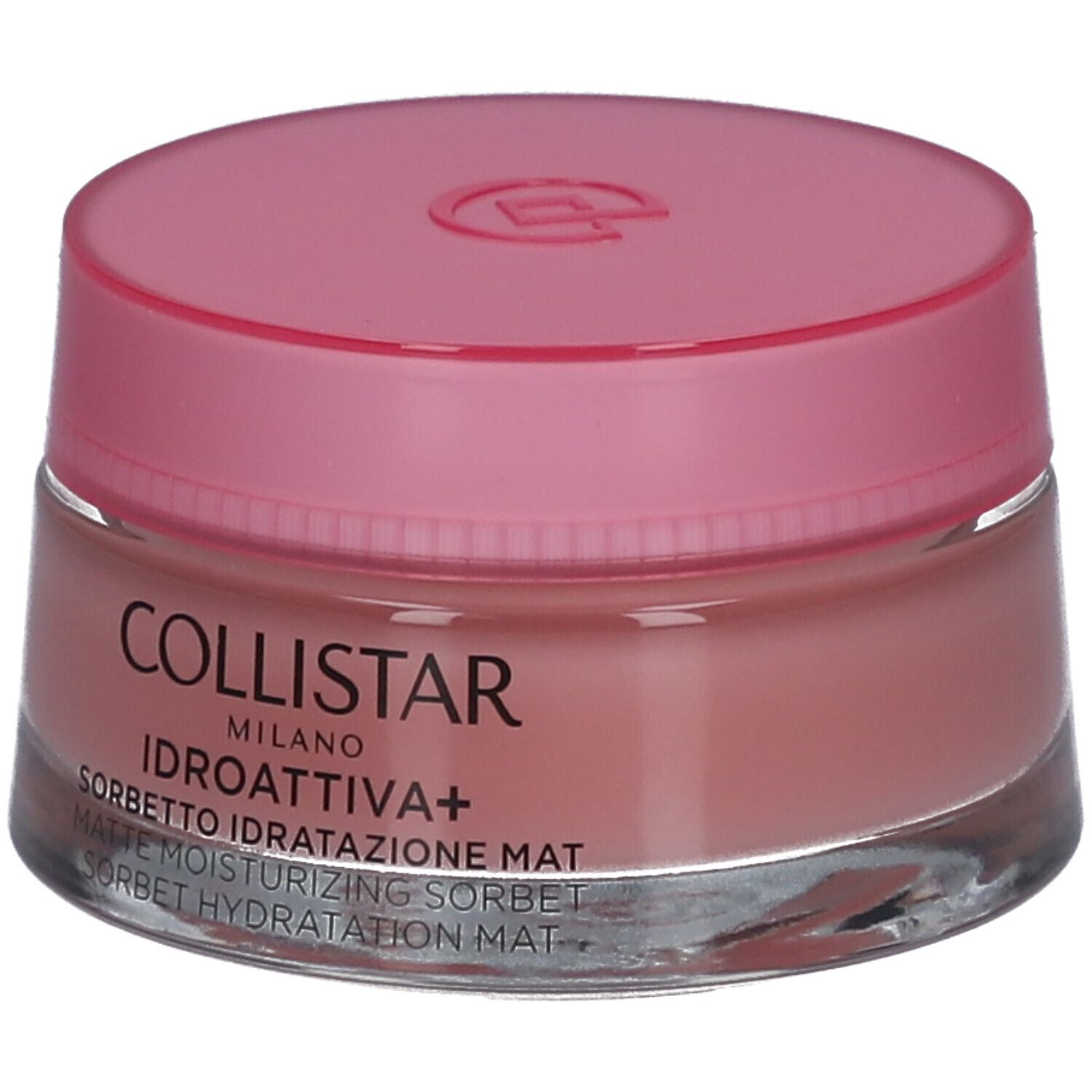 Runder Tiegel mit rosa Deckel. Aufschrift: COLLISTAR MILANO, IDROATTIVA+ Sorbetto Idratatione Mat.
