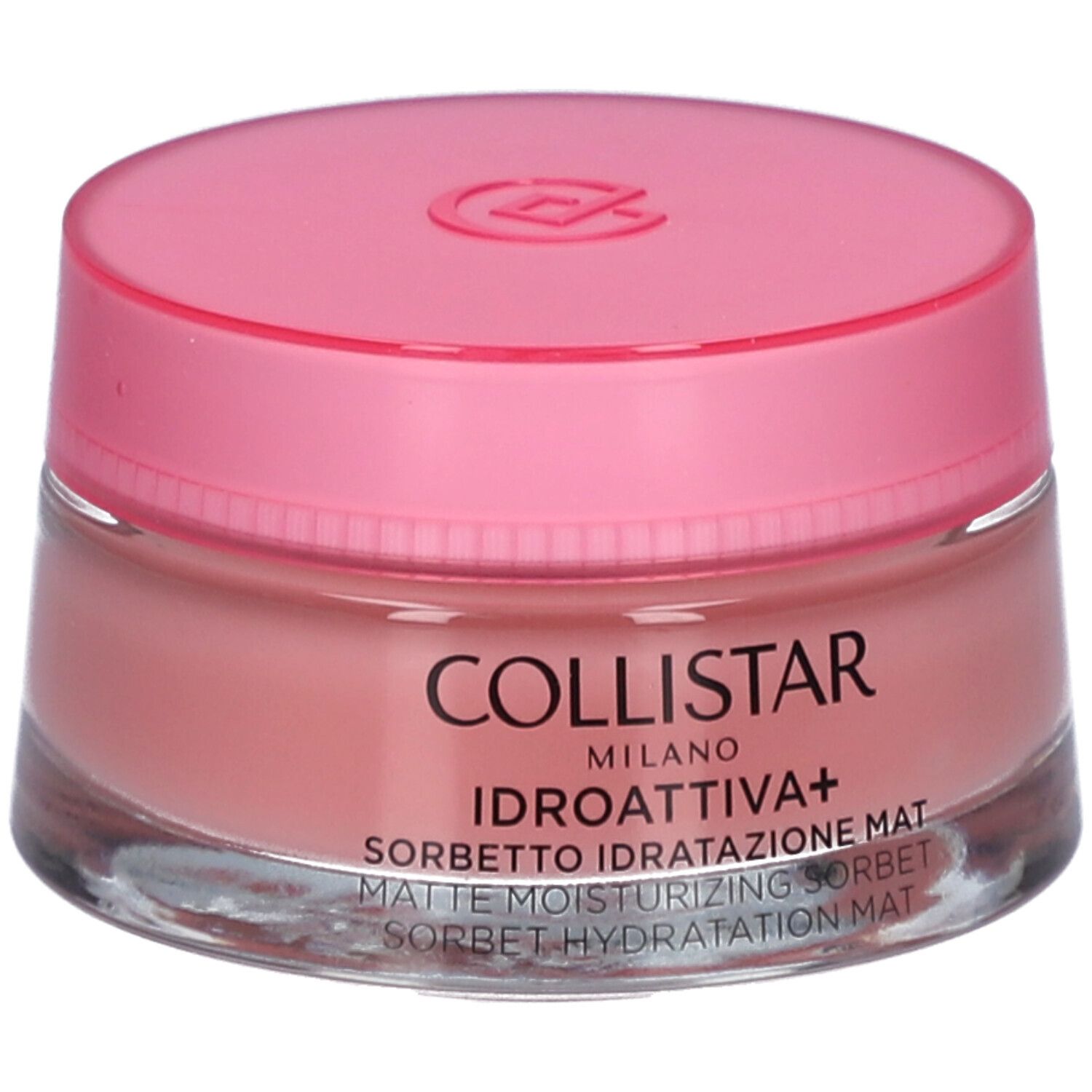 Runder Tiegel mit rosa Deckel. Aufschrift: COLLISTAR MILANO, IDROATTIVA+ Sorbetto Idratatione Mat.