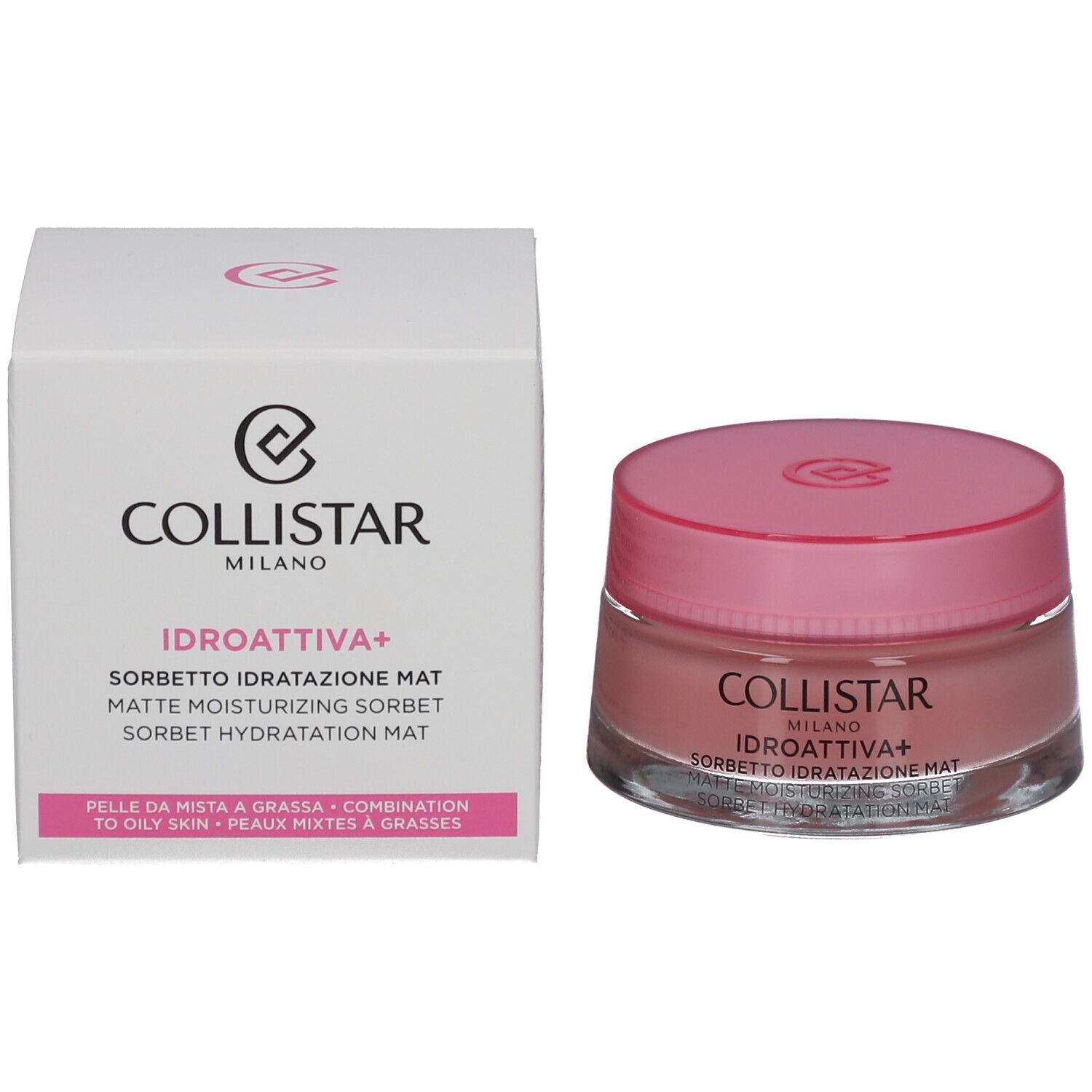 Produktverpackung und Tiegel. Aufschrift: COLLISTAR MILANO, IDROATTIVA+ Sorbetto Idratatione Mat.