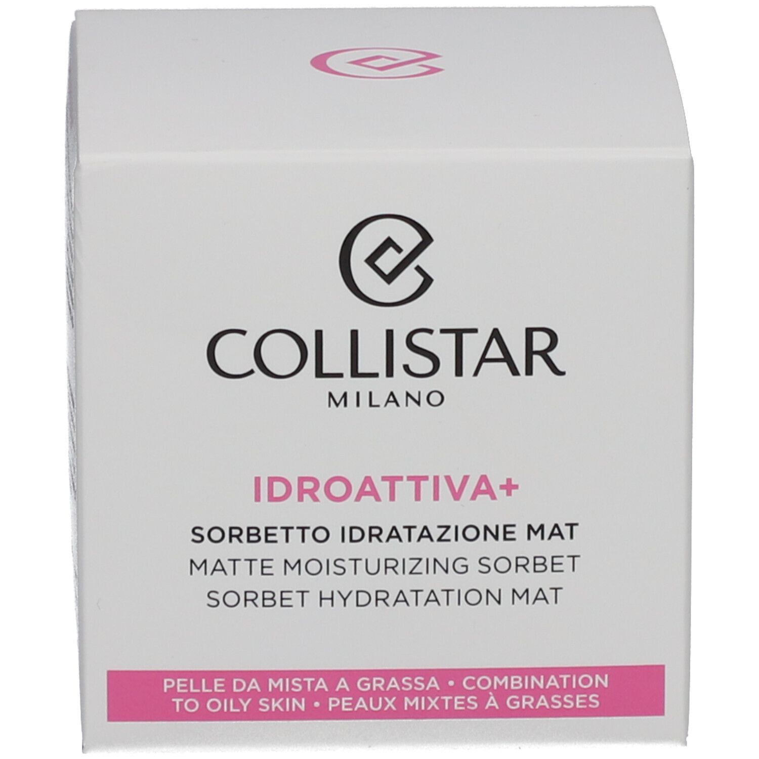 Produktverpackung. Aufschrift: COLLISTAR MILANO, IDROATTIVA+ Sorbetto Idratatione Mat.
