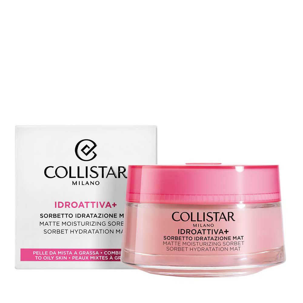 Emballage et pot. Inscription : COLLISTAR MILANO, IDROATTIVA+ Sorbetto Idratatione Mat.