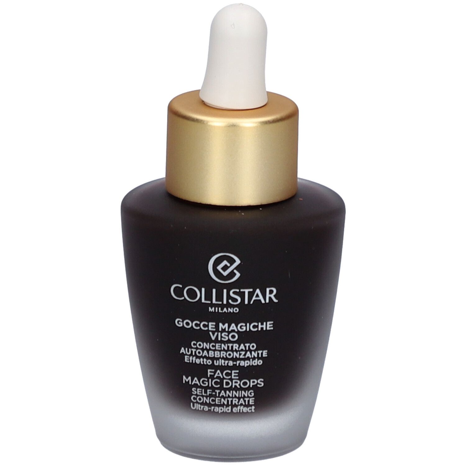 Dunkelbraune Flasche mit goldfarbenem Deckel und Pipette. Aufschrift: Collistar, Face Magic Drops.