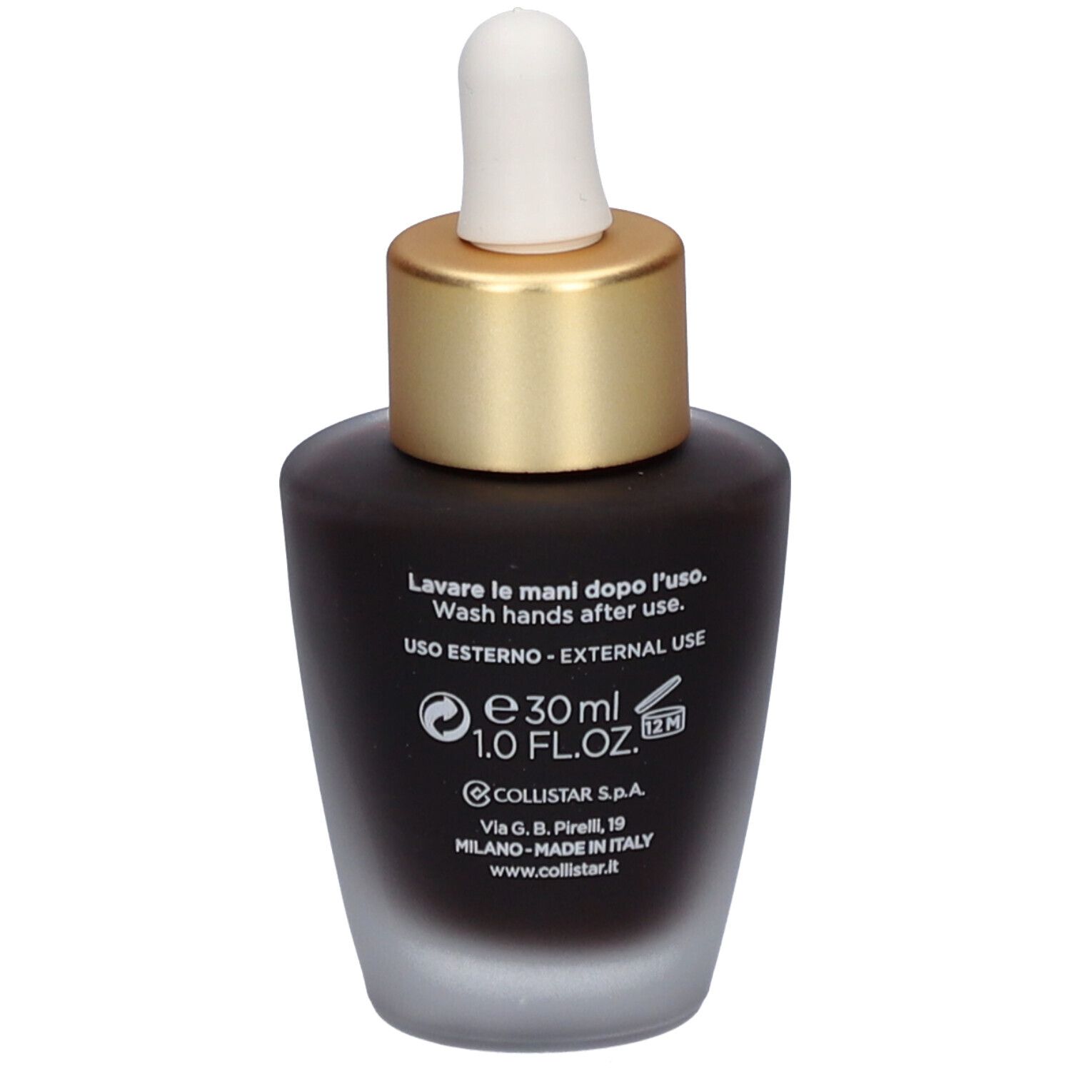 Rückseite der Flasche. Aufschrift: Uso Esterno, 30 ml, Collistar Milano, Made in Italy.