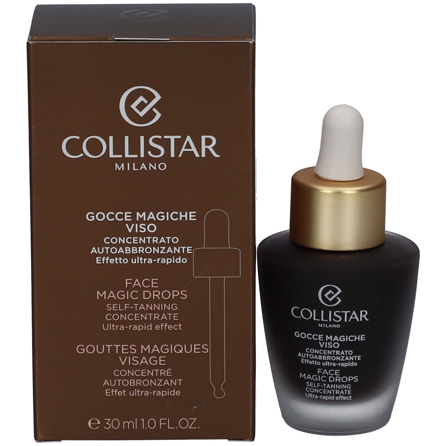 Produkt und Verpackung. Aufschrift: Collistar, Face Magic Drops, 30 ml.