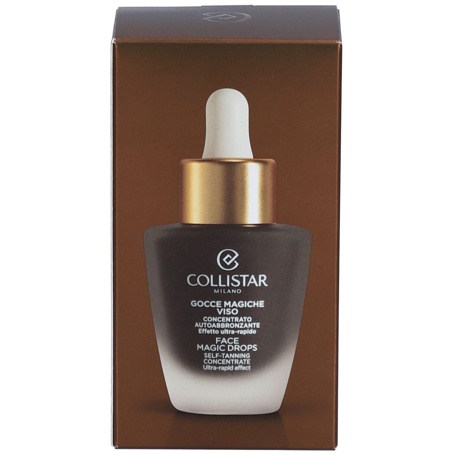 Produkt und Verpackung. Aufschrift: Collistar, Face Magic Drops.