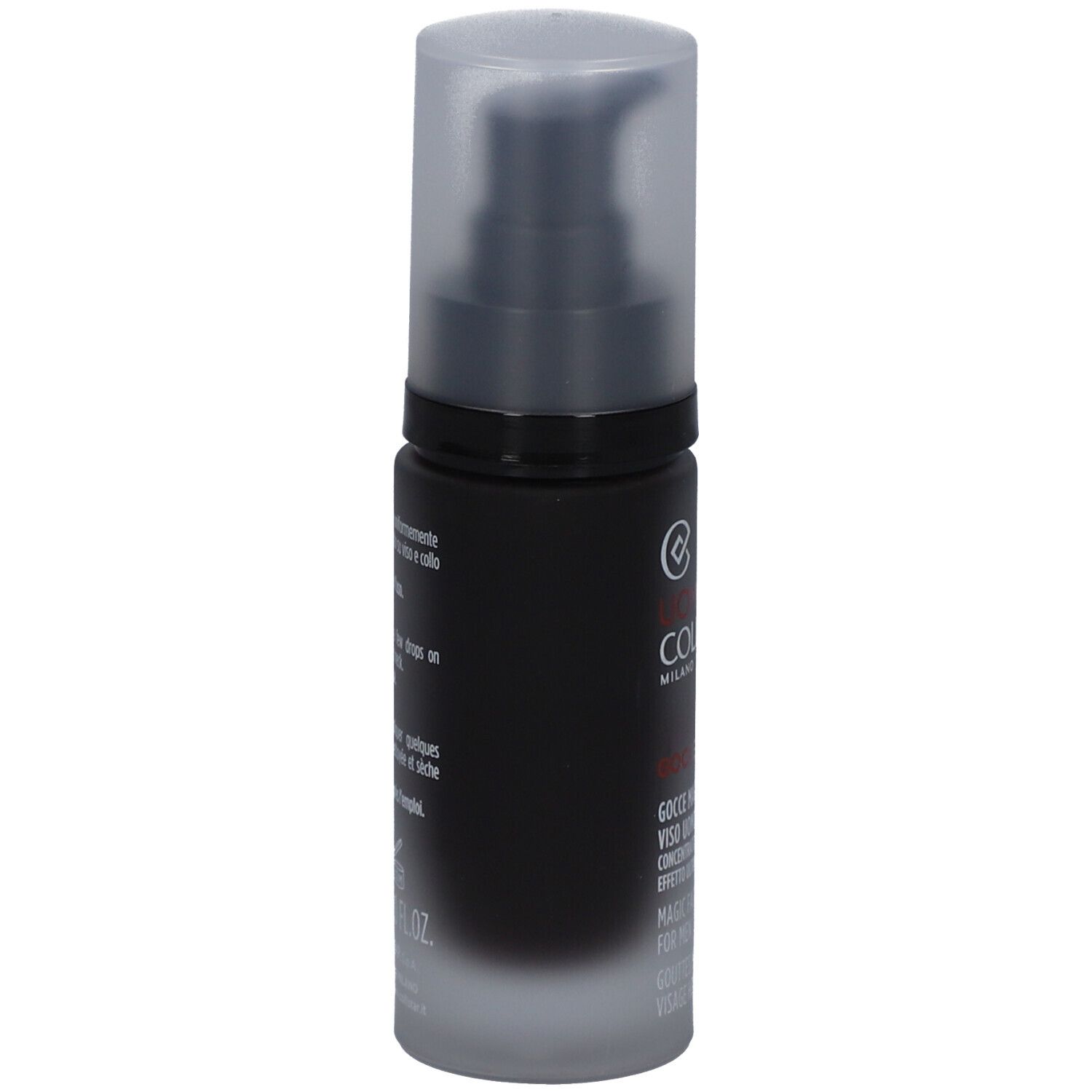 Dunkle Flasche mit Text. Text: Uomo Collistar, Gocce Magiche, Magic Face Drops for Men. 30 ml.