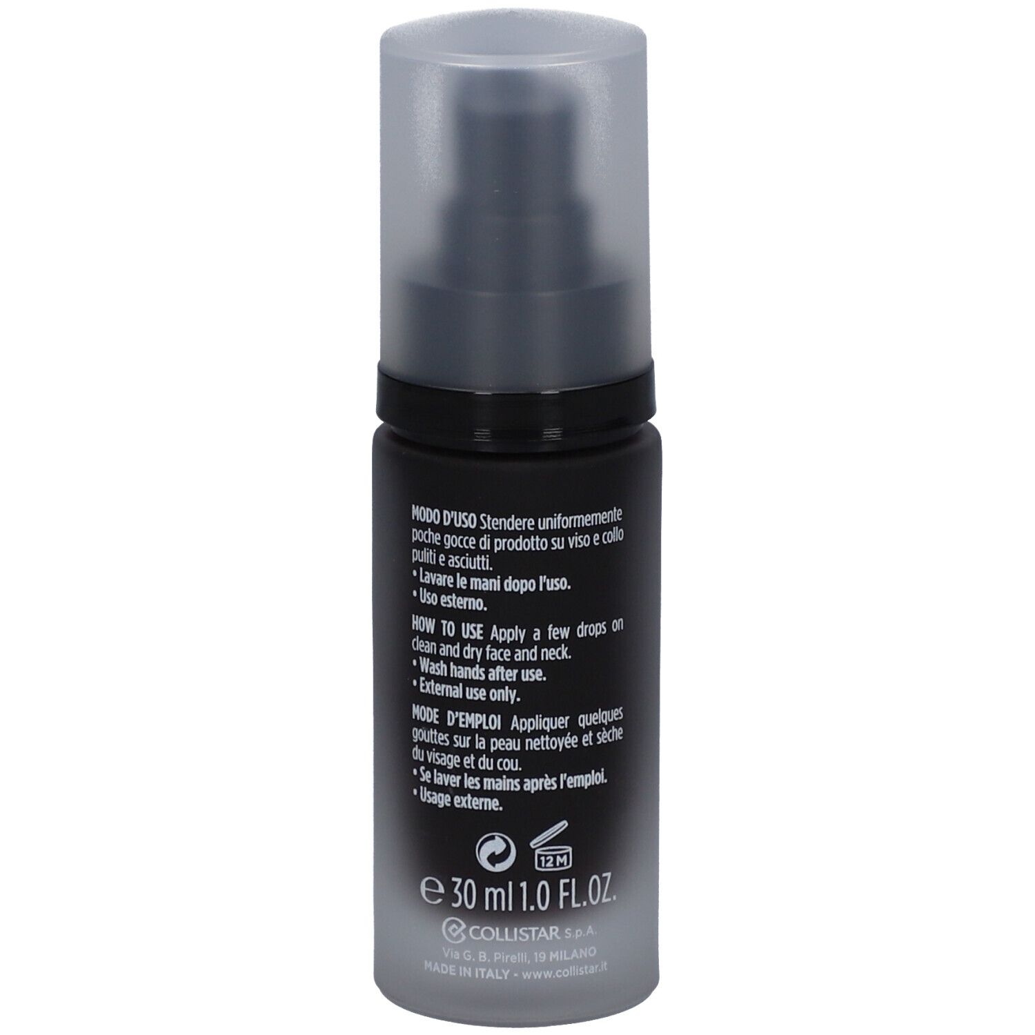 Dunkle Flasche mit Text. Text: Uomo Collistar, Gocce Magiche, Magic Face Drops for Men. 30 ml.
