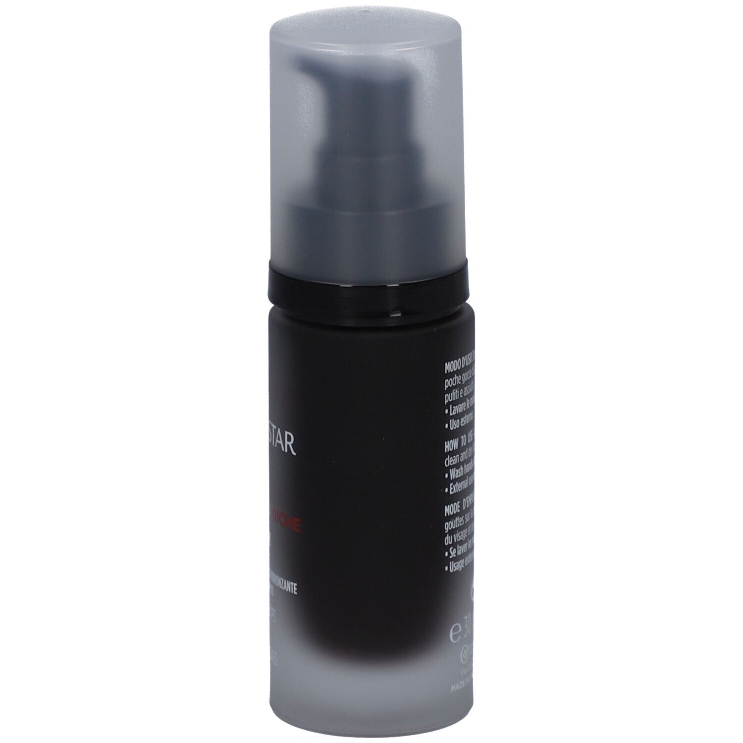 Dunkle Flasche mit Text. Text: Uomo Collistar, Gocce Magiche, Magic Face Drops for Men. 30 ml.