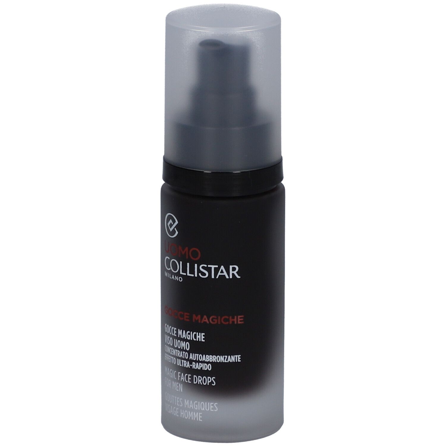 Dunkle Flasche mit Sprühkopf. Text: Uomo Collistar, Gocce Magiche, Magic Face Drops for Men.