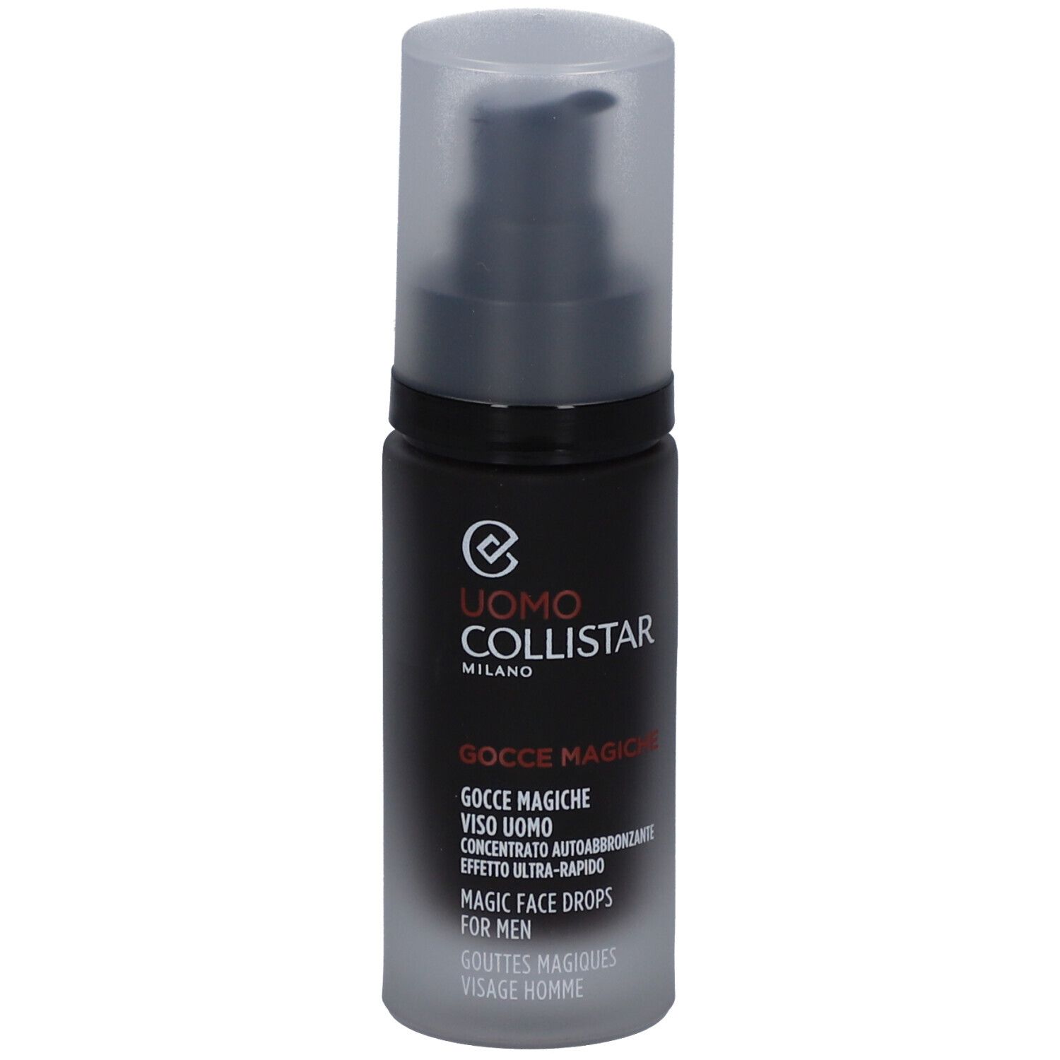 Dunkle Flasche mit Sprühkopf. Text: Uomo Collistar, Gocce Magiche, Magic Face Drops for Men.