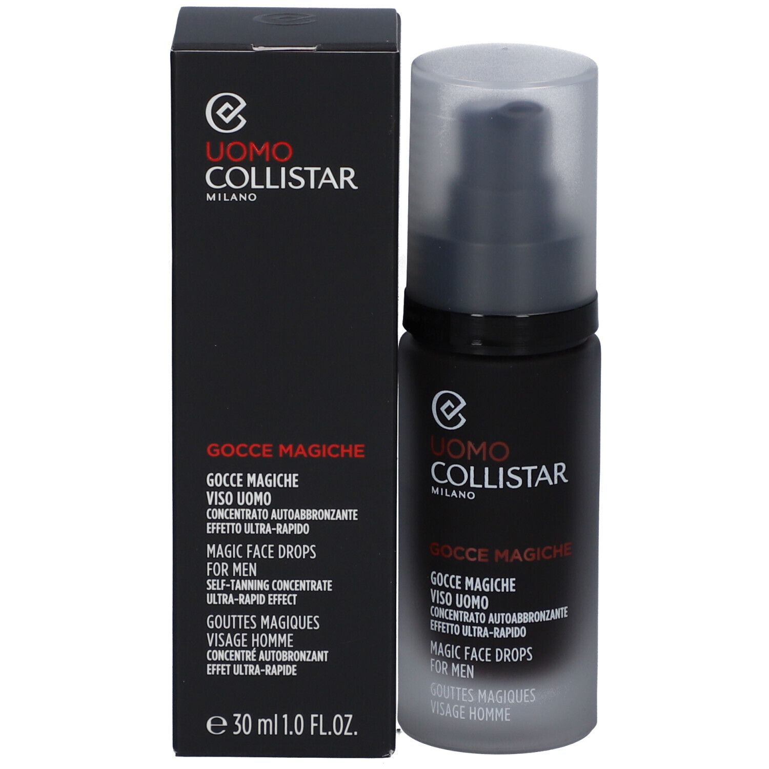 Produktflasche und Schachtel. Text: Uomo Collistar, Gocce Magiche, Magic Face Drops for Men. 30 ml.