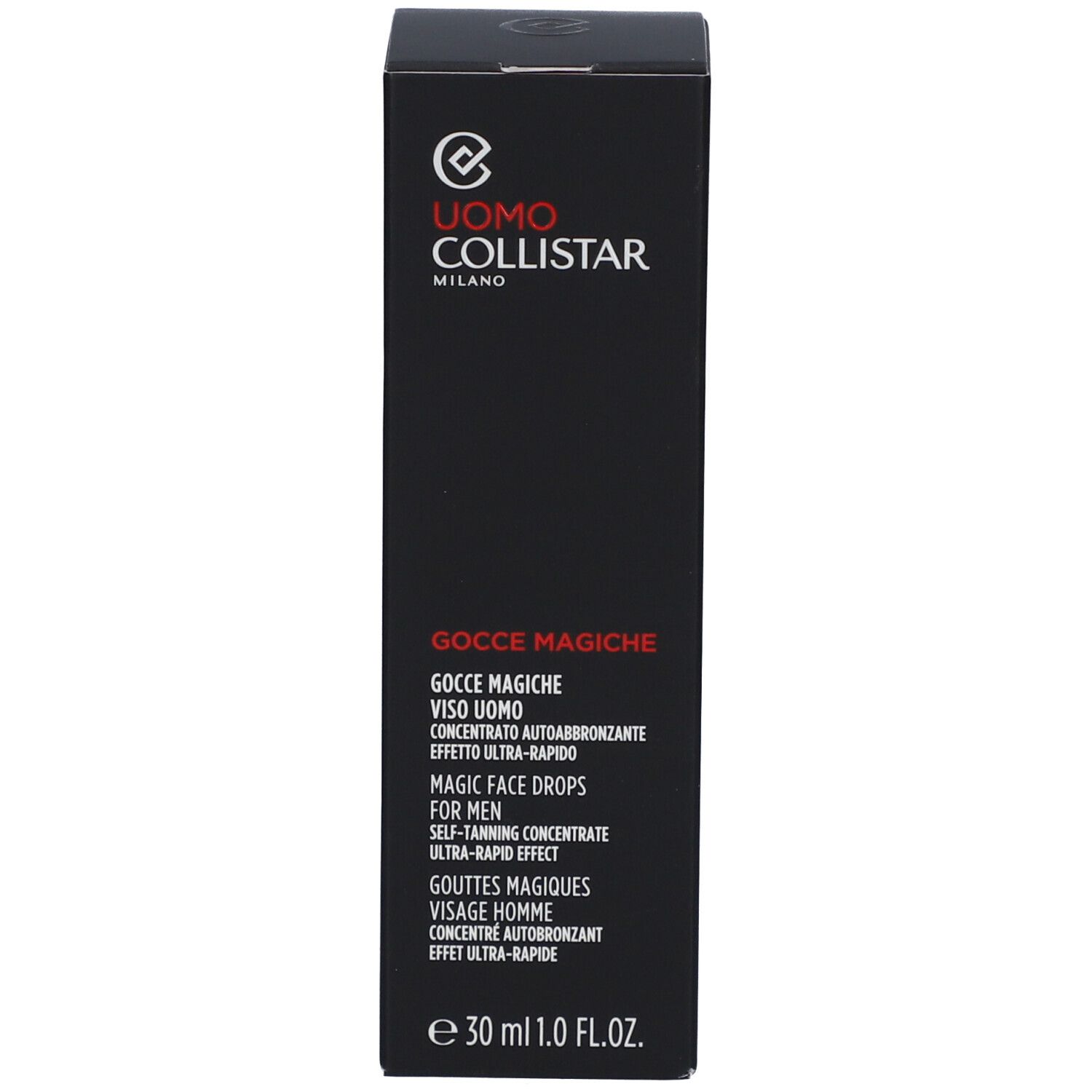 Schachtel. Text: Uomo Collistar, Gocce Magiche, Magic Face Drops for Men. 30 ml.