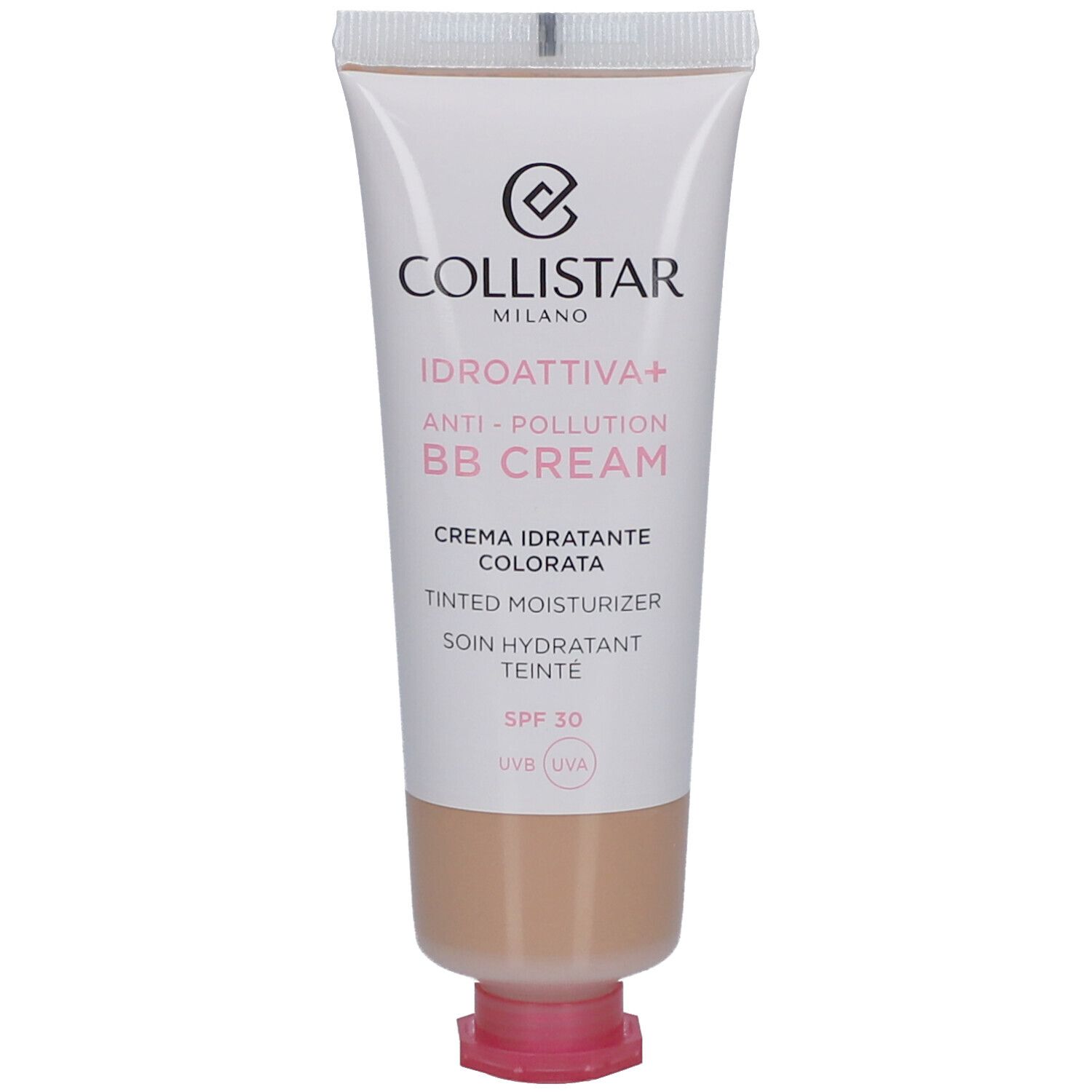 Collistar BB Cream Tube. Weiß-beige Tube mit brauner Creme. SPF 30. Text in Italienisch und Englisch.