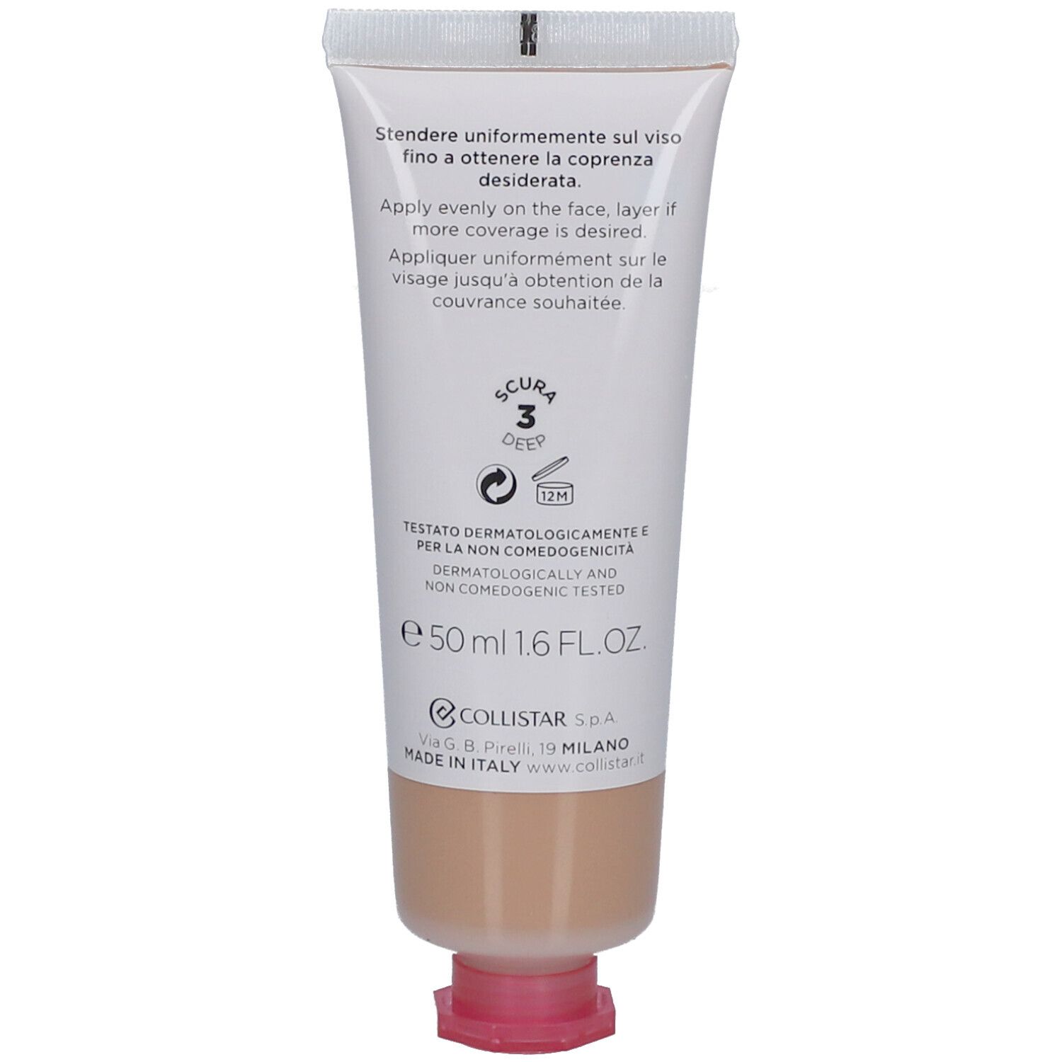 Rückseite der Collistar BB Cream Tube. Text in Italienisch und Englisch. 50 ml. Dermatologisch getestet.