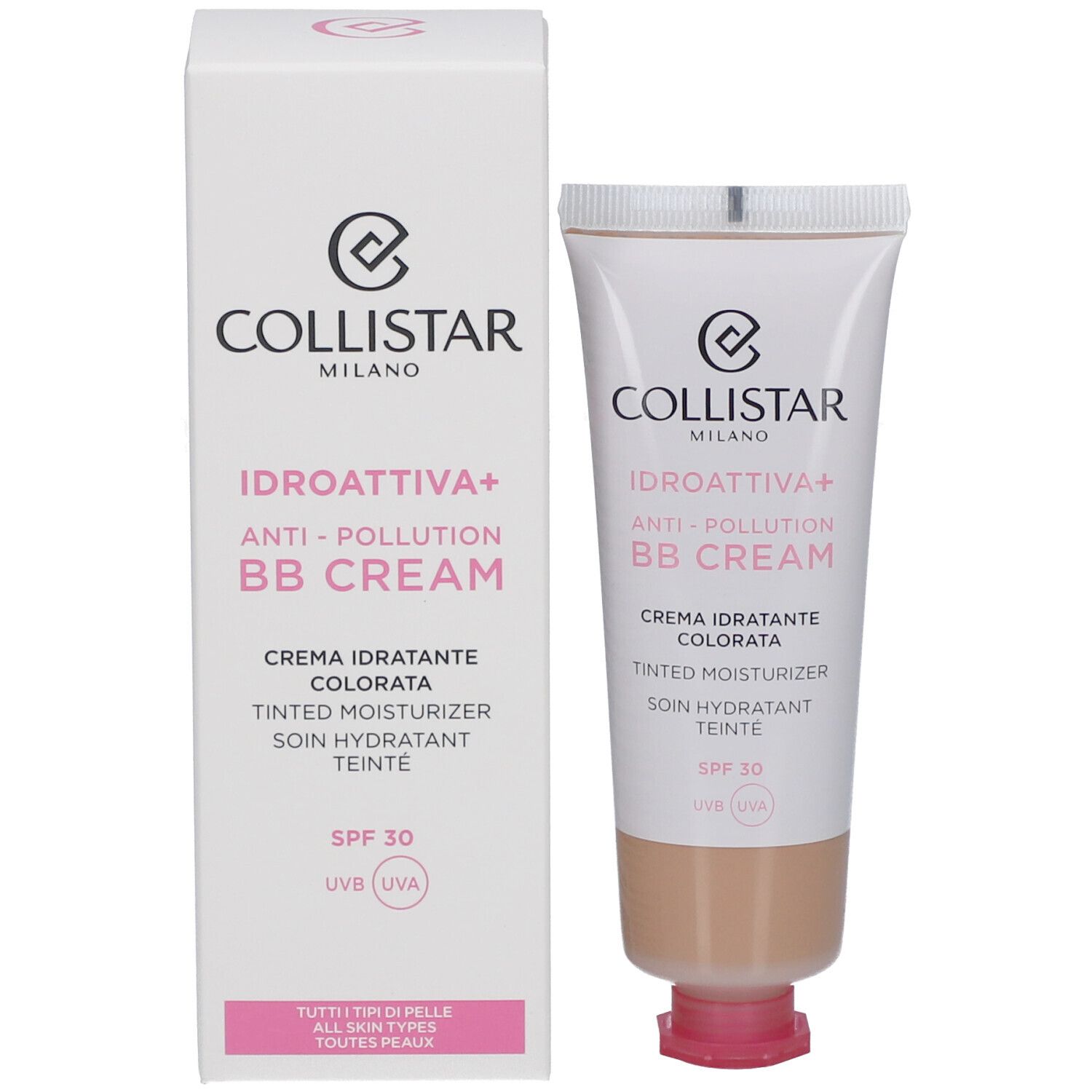 Collistar BB Cream und Verpackung. Weiße Verpackung mit Tube. Text in Italienisch und Englisch. SPF 30.