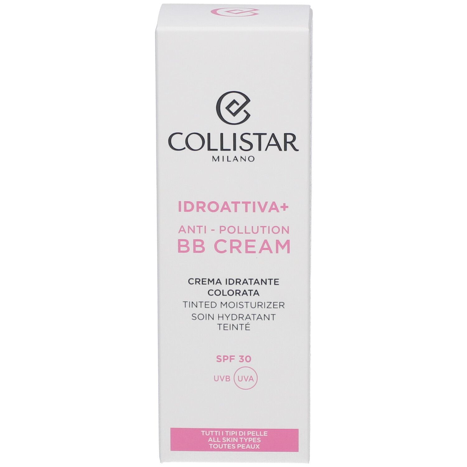 Verpackung der Collistar BB Cream. Weiße Verpackung mit Text in Italienisch und Englisch. SPF 30.