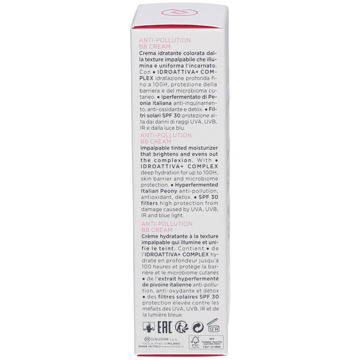 Rückseite der Collistar BB Cream Verpackung. Text in Italienisch und Englisch. Inhaltsstoffe und Informationen.