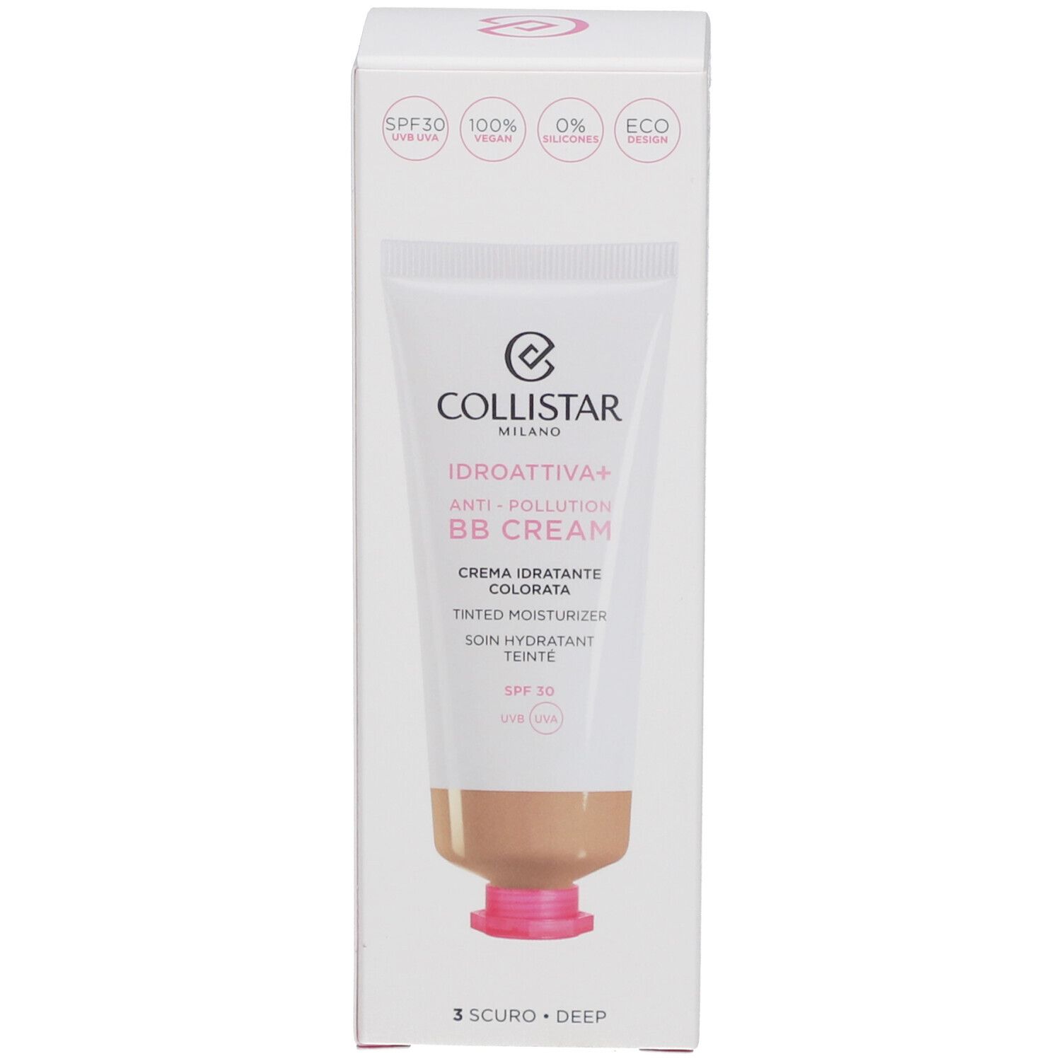 Collistar BB Cream mit Verpackung. Tube und Verpackung. Text in Italienisch und Englisch. SPF 30.