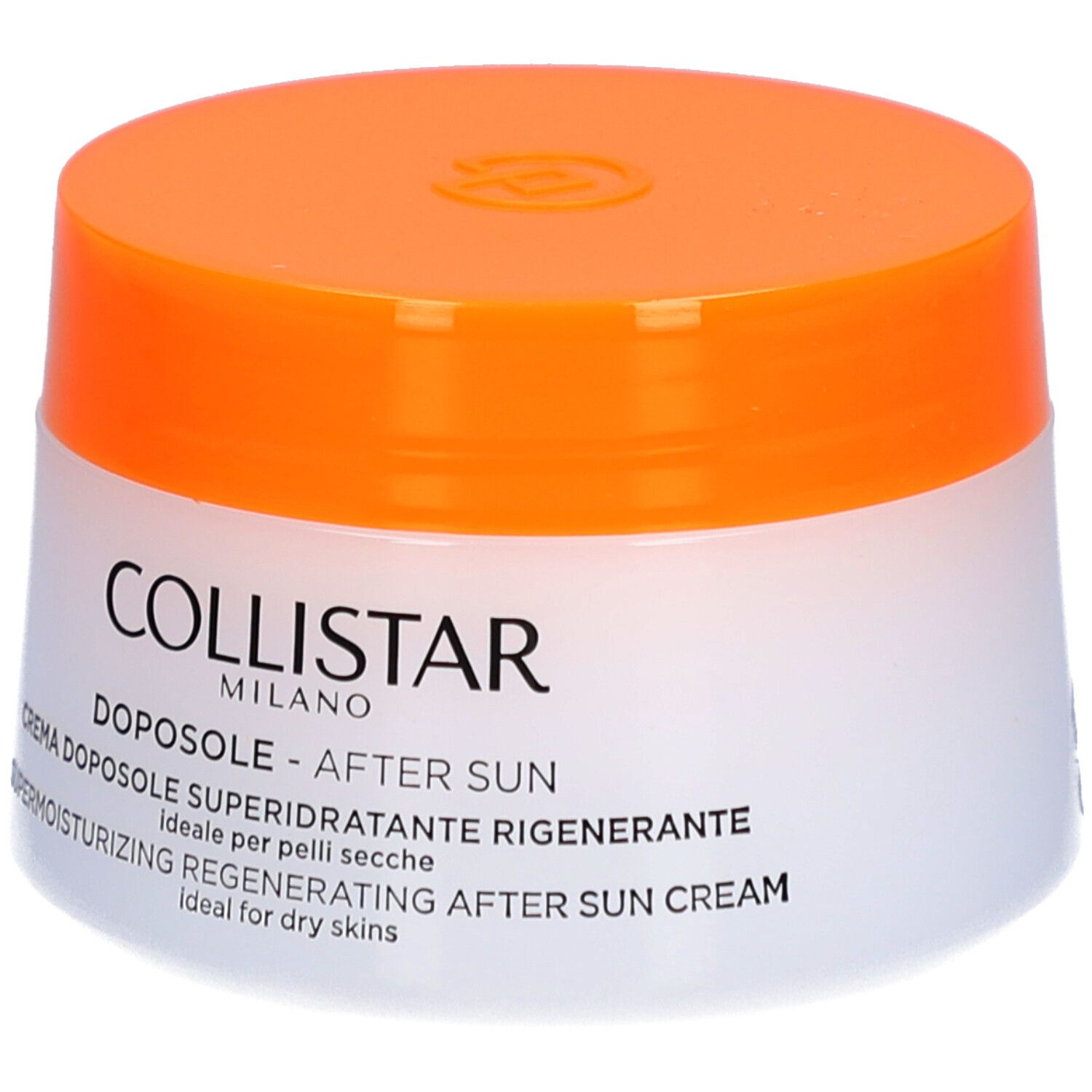 Creme-Tiegel mit orangefarbenem Deckel. Aufschrift: COLLISTAR, DOPOSOLE - AFTER SUN, SUPERMOISTURIZING REGENERATING AFTER SUN CREAM.