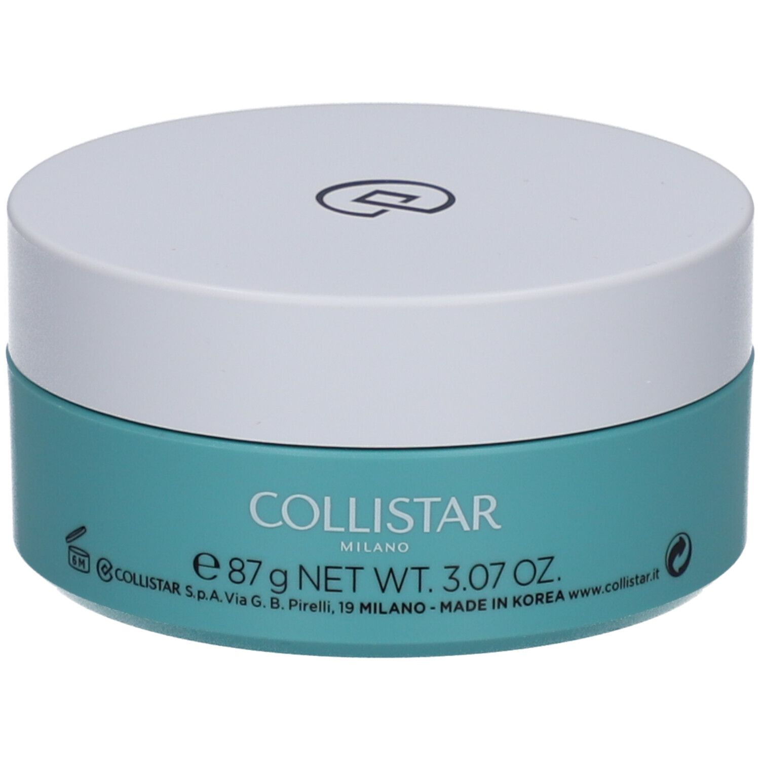 Runde Dose mit weißem Deckel und türkisfarbenem Boden. Aufschrift: COLLISTAR, e 87 g NET WT. 3.07 OZ.